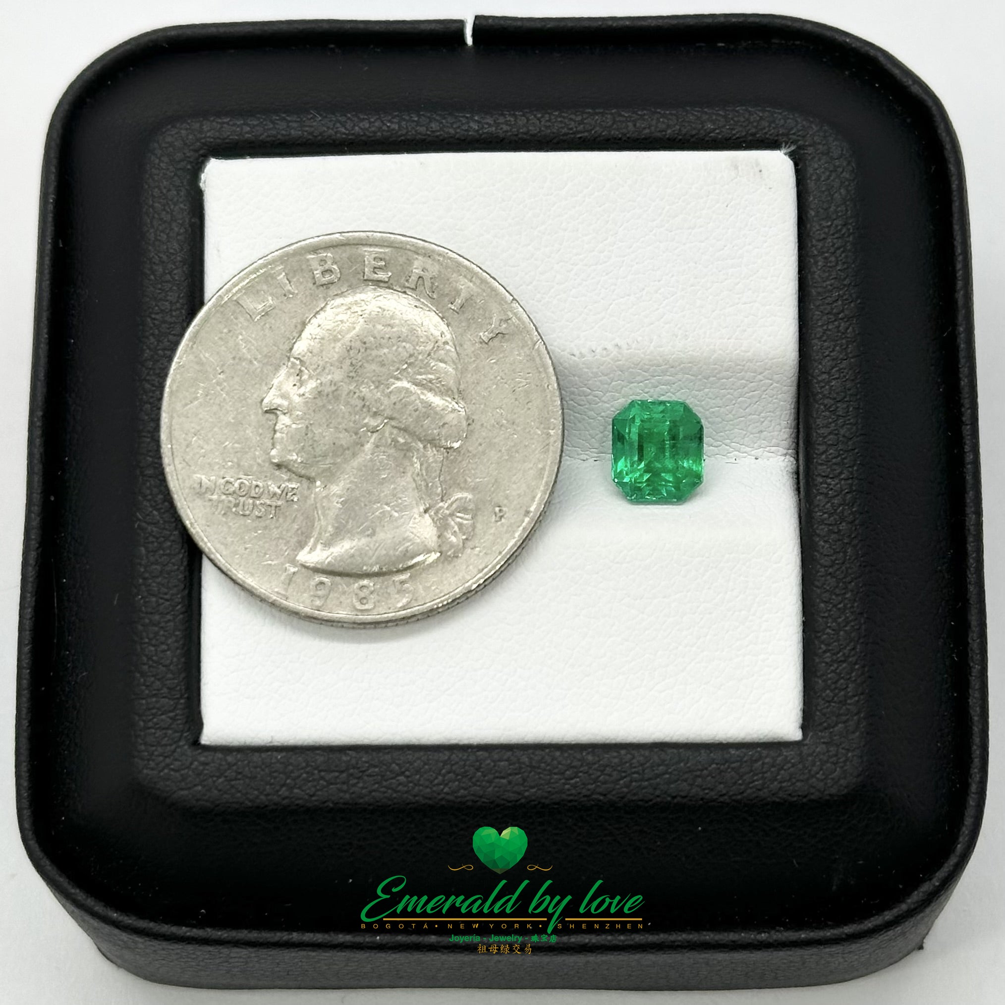 Emerald-cut 1.02 ct Colombian emerald featuring bright green tone and refined symmetry