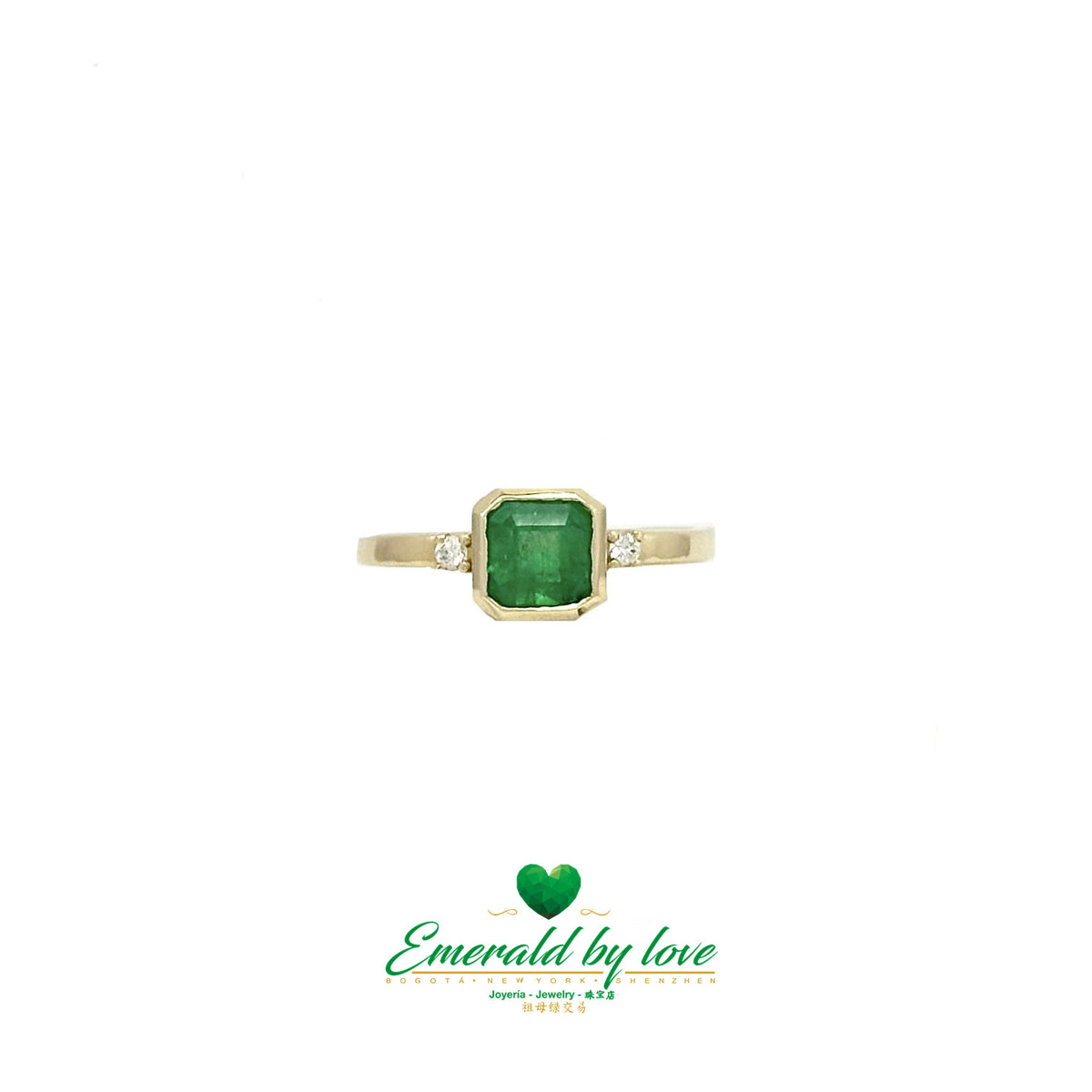 18K Yellow Gold Square Emerald Ring with Bezel Setting and Side Diamonds