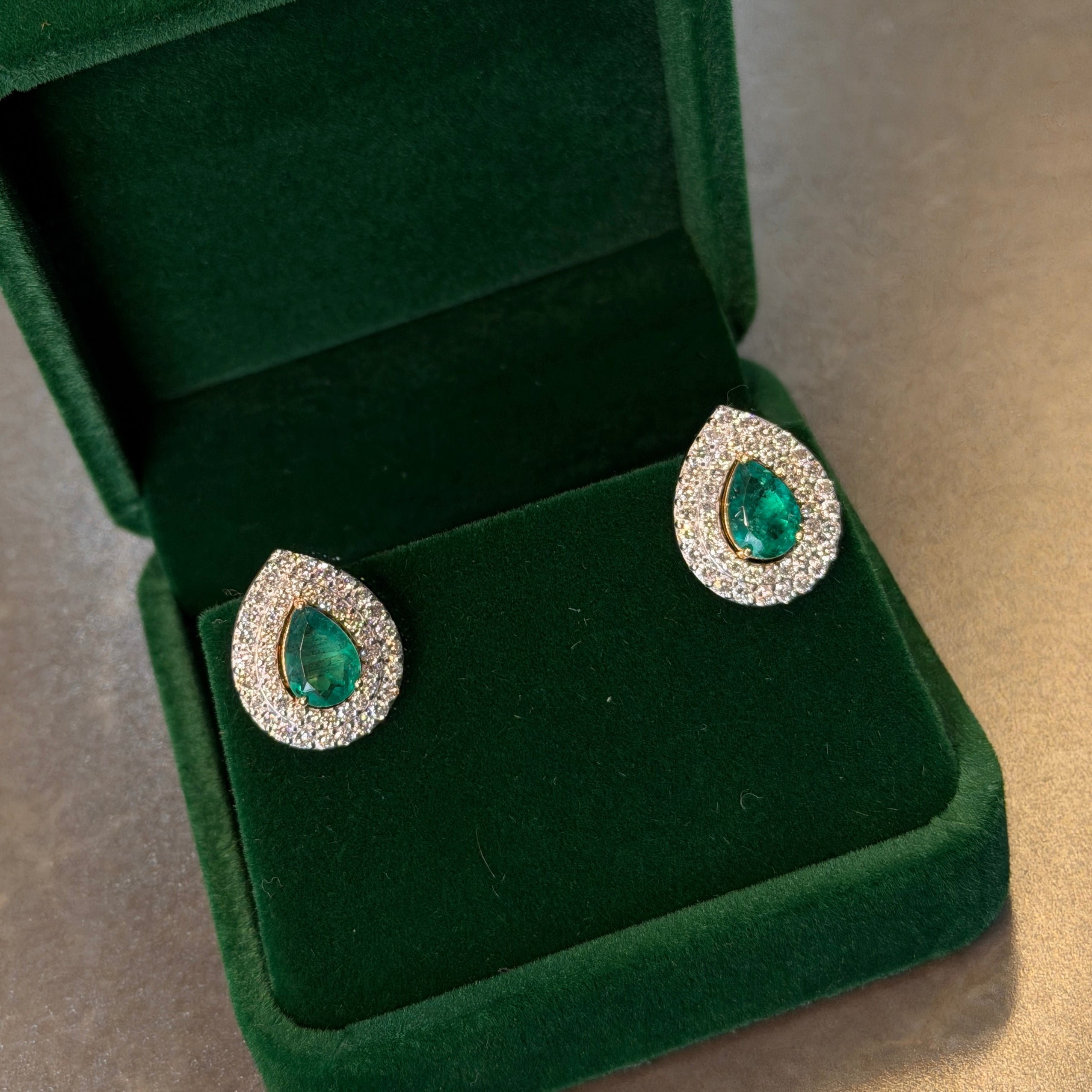 Elegant Colombian Emerald Teardrop Jacket Earrings in Yellow Gold with Diamond Halo