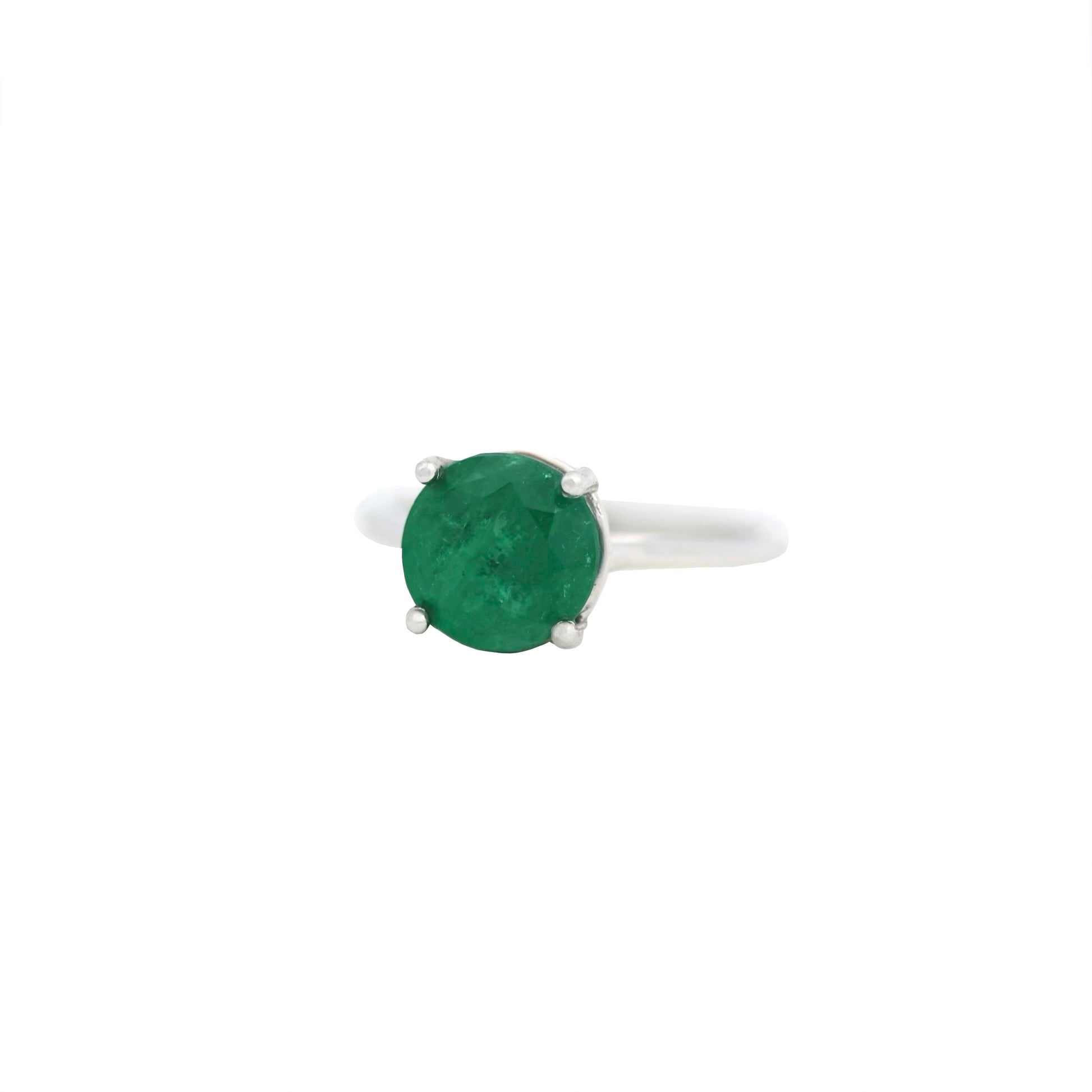 White Gold Colombian Emerald Engagement Ring | Round Emerald Solitaire with Diamond Cone Details
