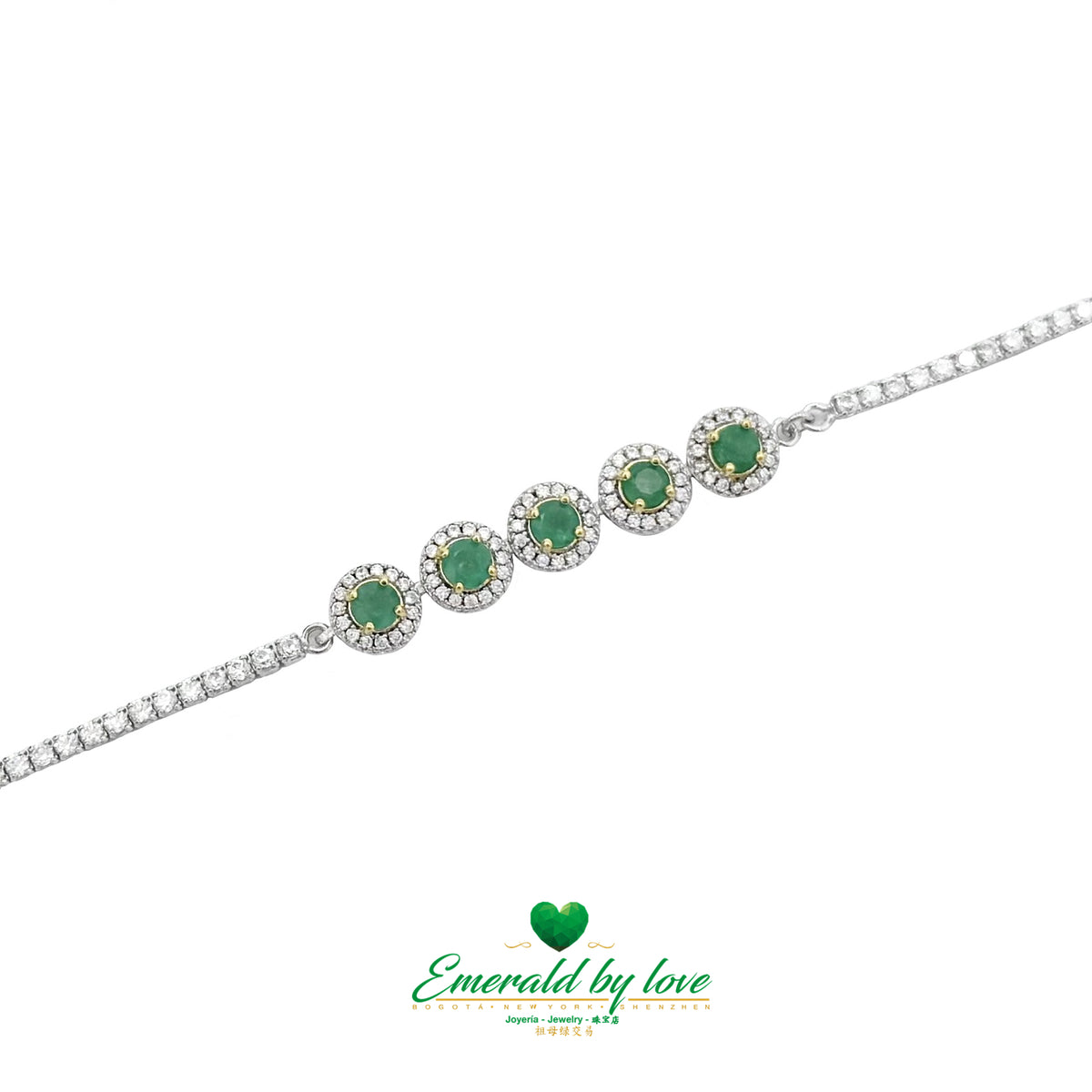 925 Sterling Silver Bracelet with Five Round Settings and Colombian Emeralds