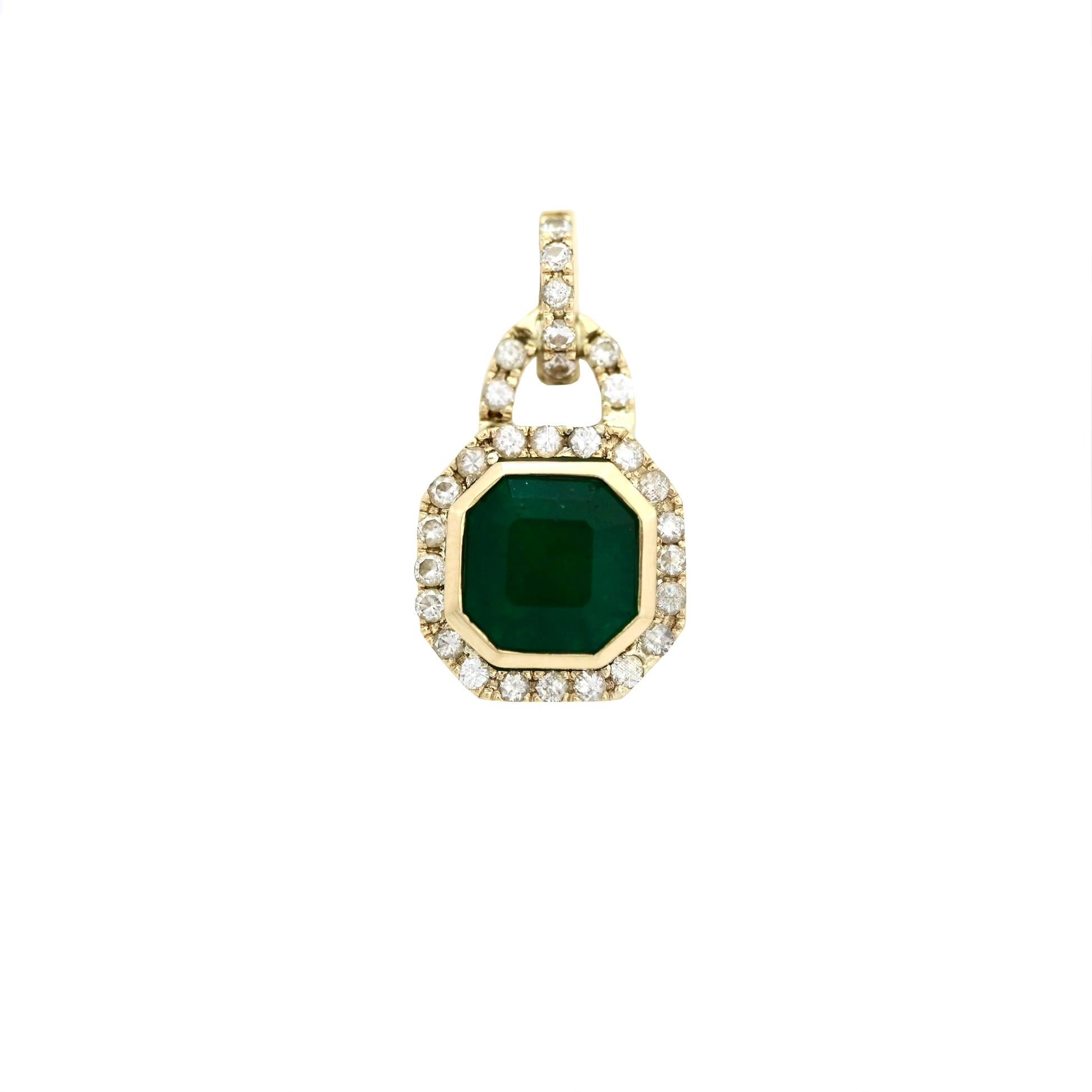 Luxury Colombian Emerald Lock Pendant in Yellow Gold | Square Dark Green Emerald & Diamond Halo