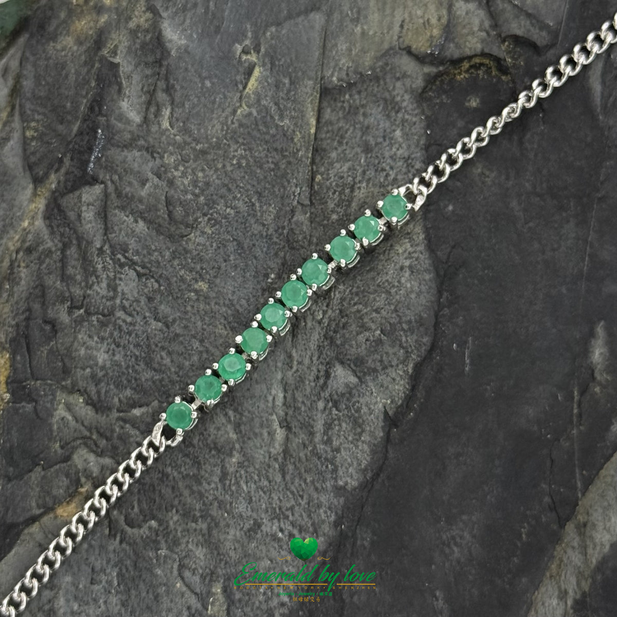 Adjustable Sterling Silver Band Bracelet with Central Colombian Emeralds