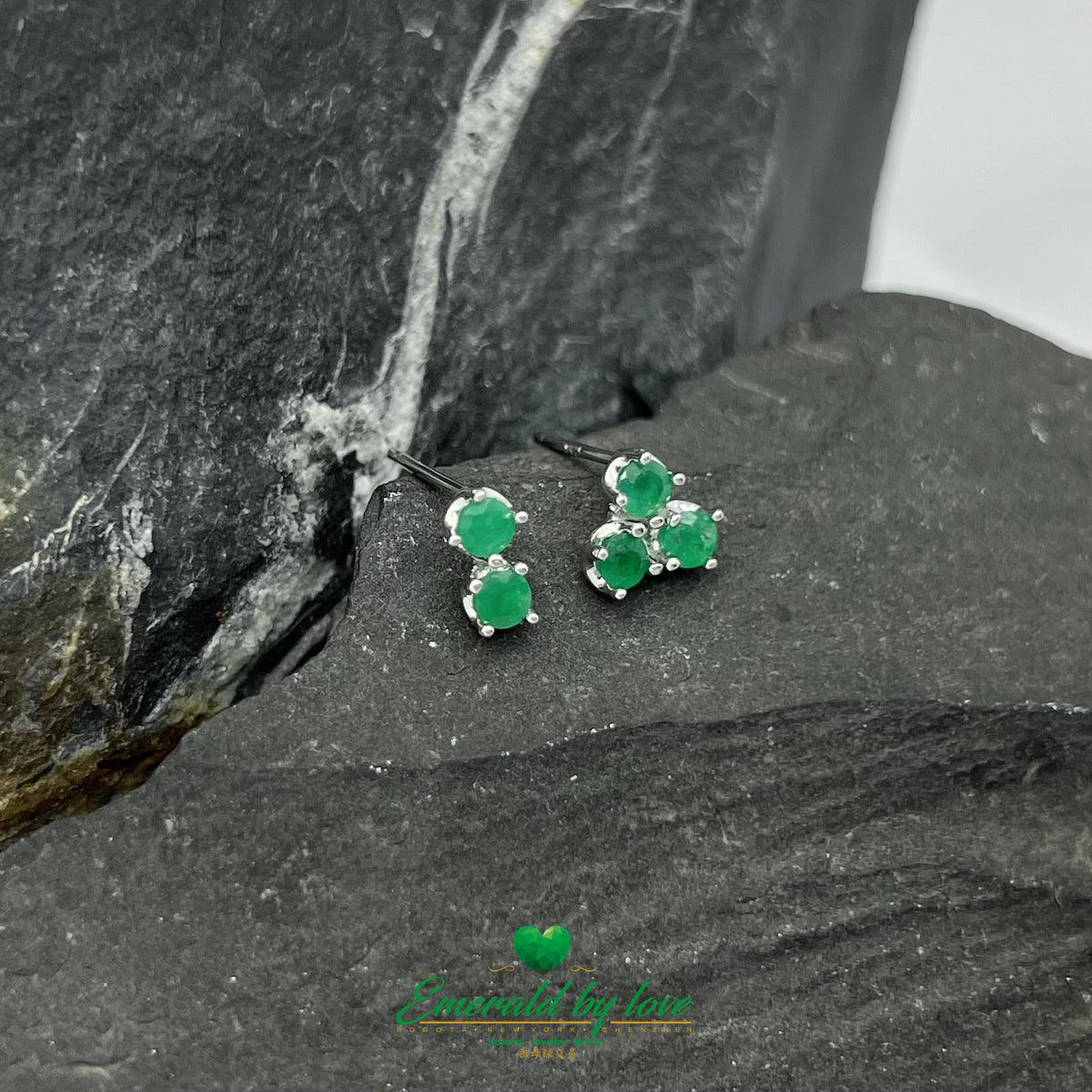 Asymmetrical Earrings with Round Emeralds and Geometric Triangle Design