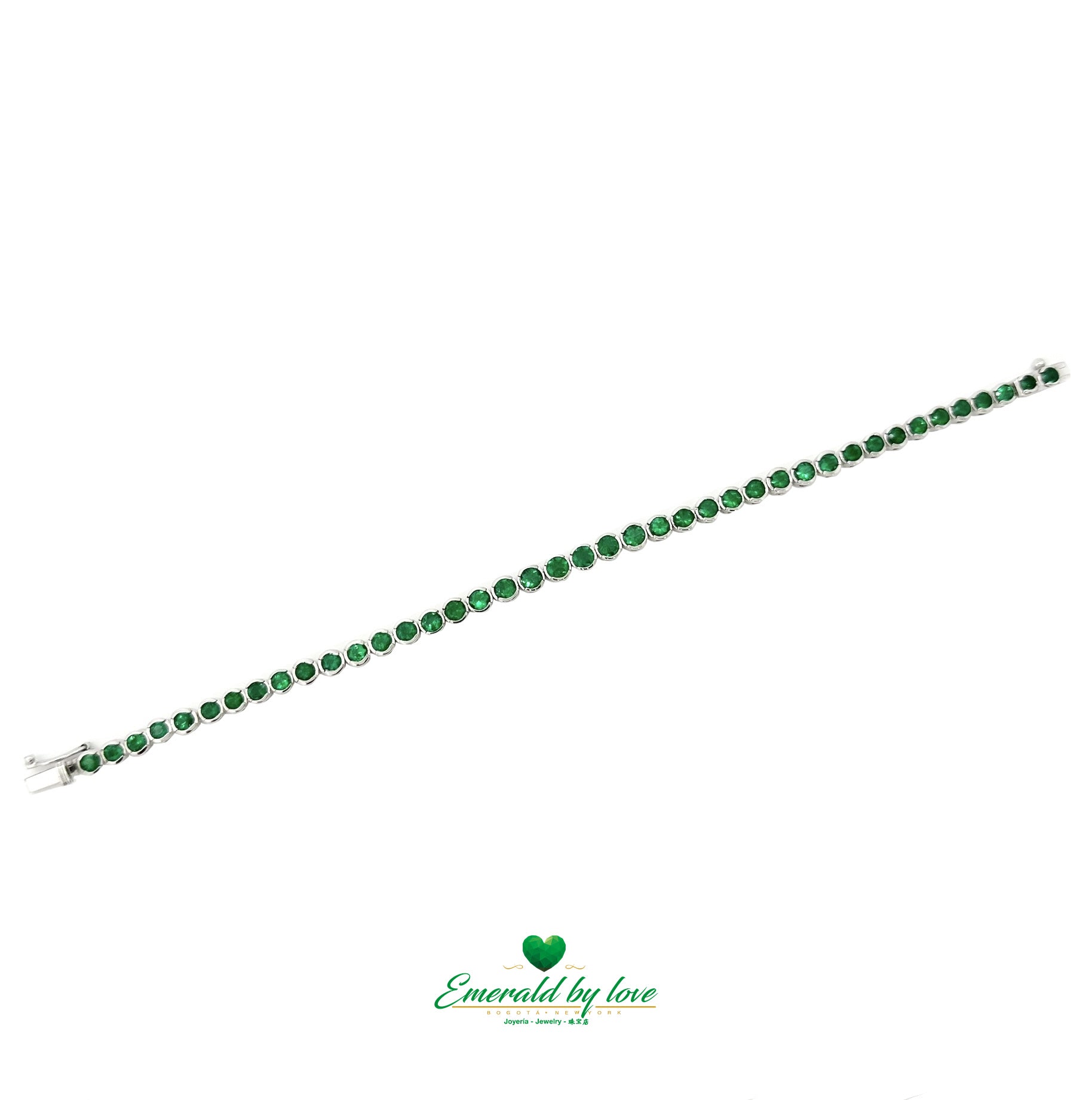 Tennis Bracelet in 18K White Gold with Bezel-Set Round Colombian Emeralds
