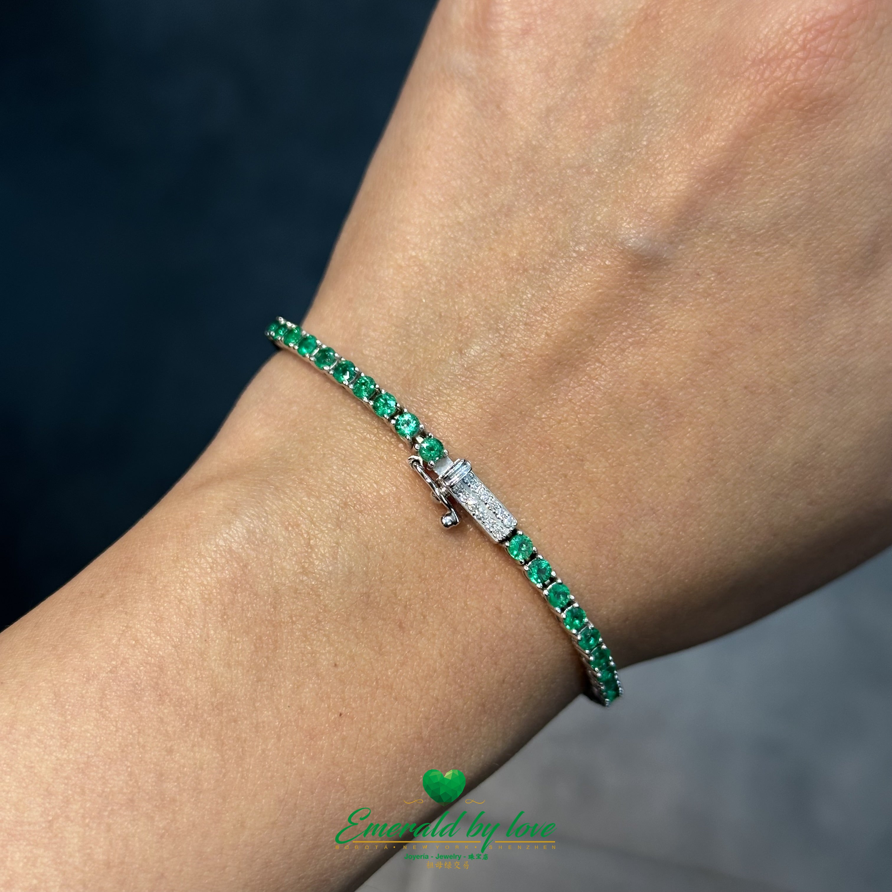 Certified Colombian Round Emerald Tennis Bracelet in White Gold