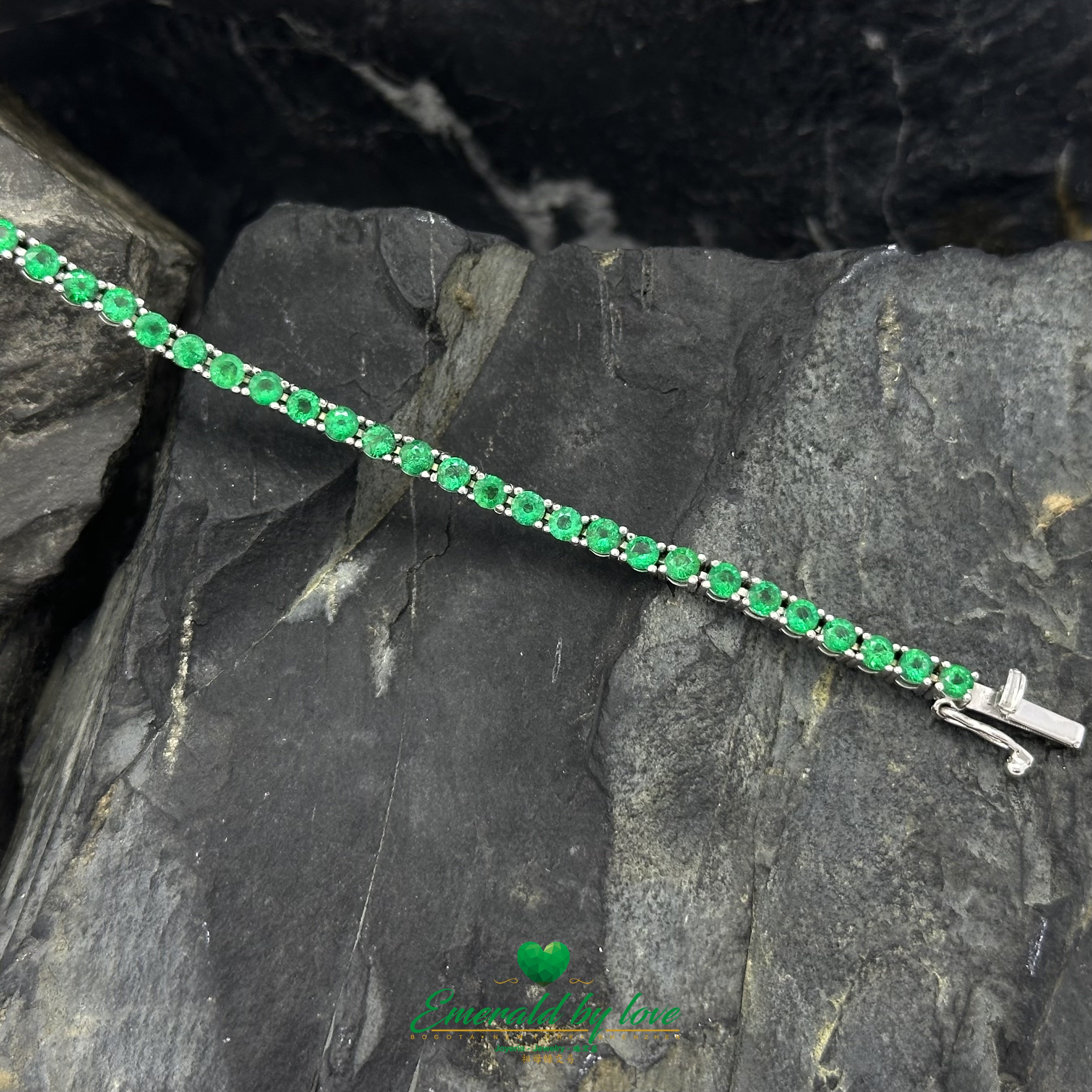 Certified Colombian Round Emerald Tennis Bracelet in White Gold