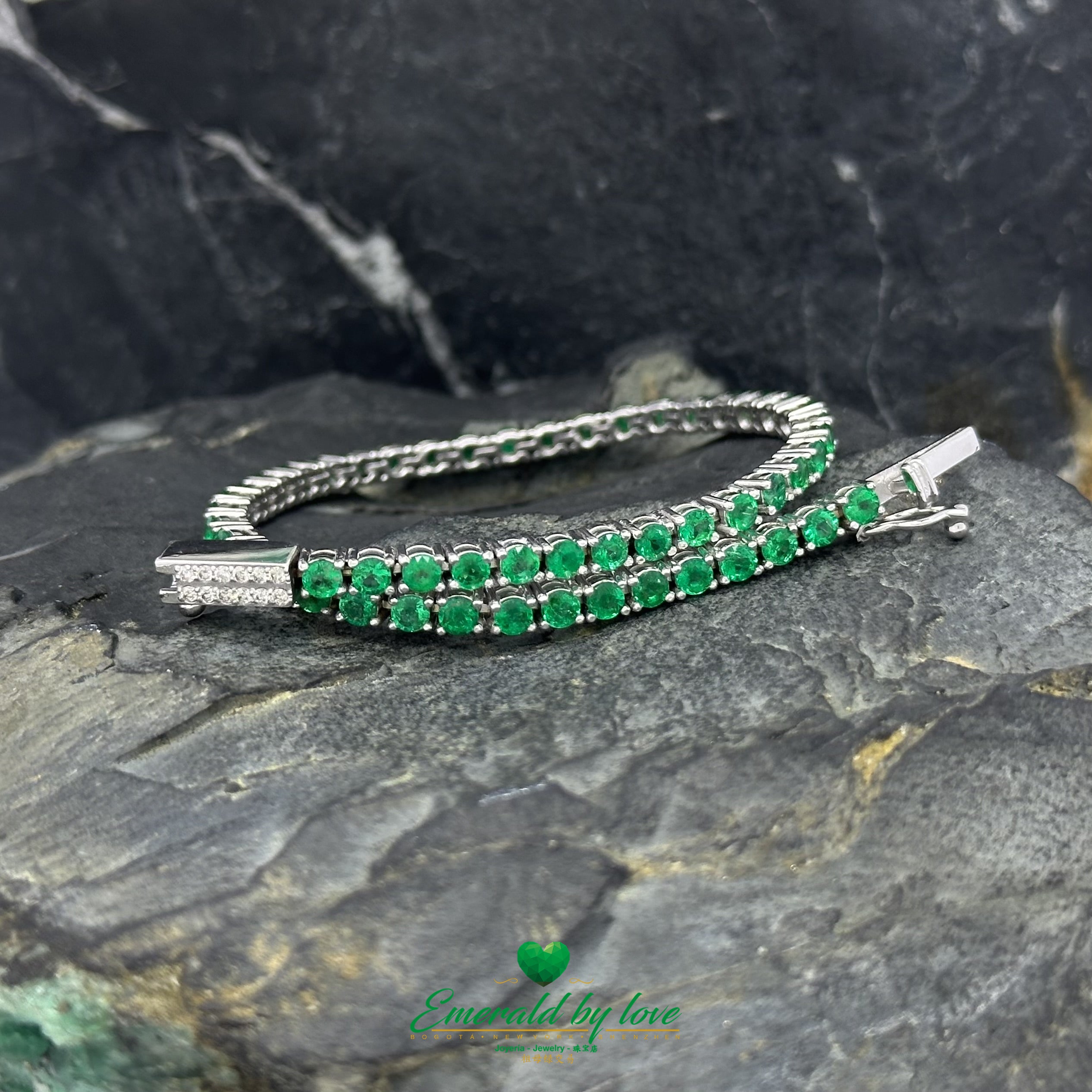 Certified Colombian Round Emerald Tennis Bracelet in White Gold