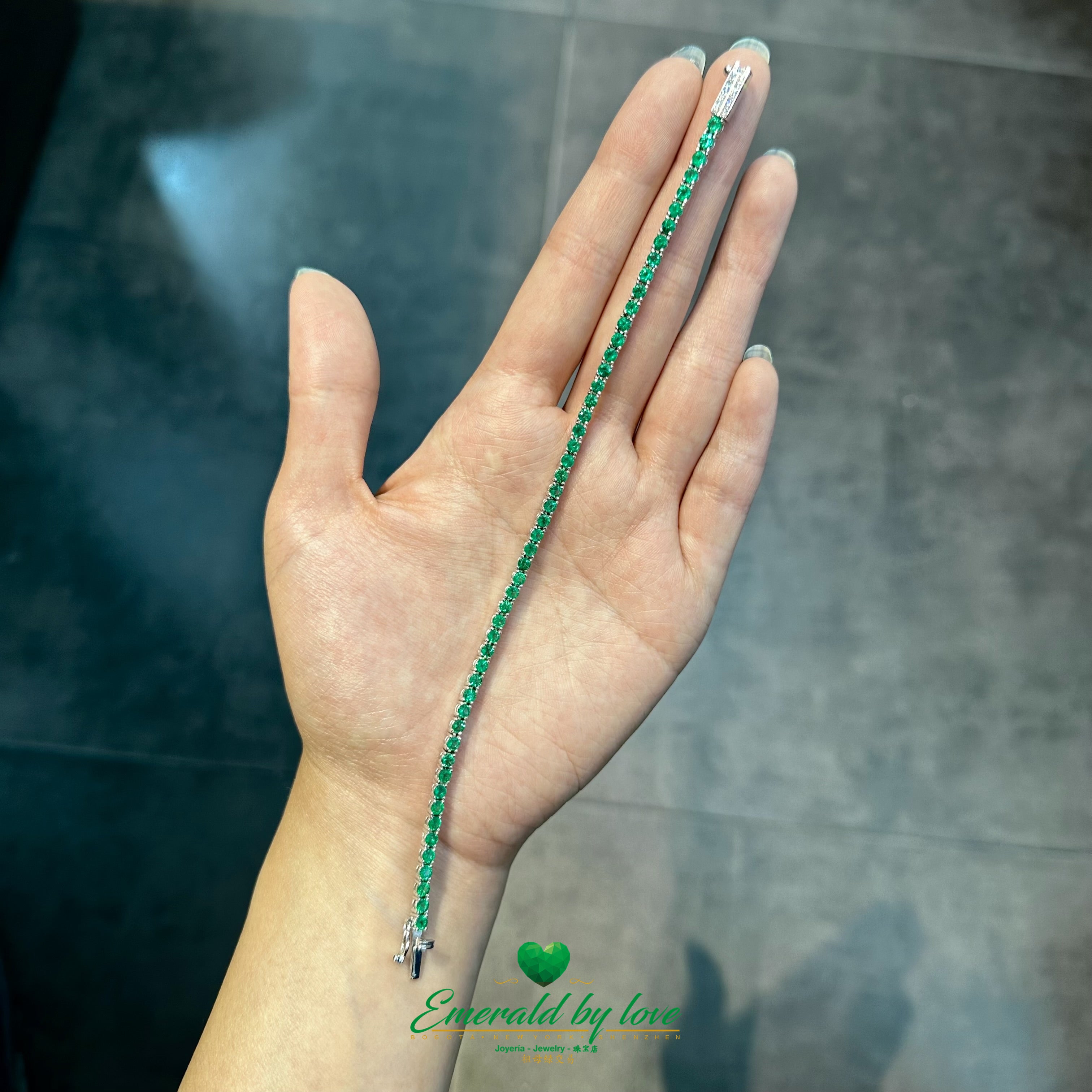 Certified Colombian Round Emerald Tennis Bracelet in White Gold