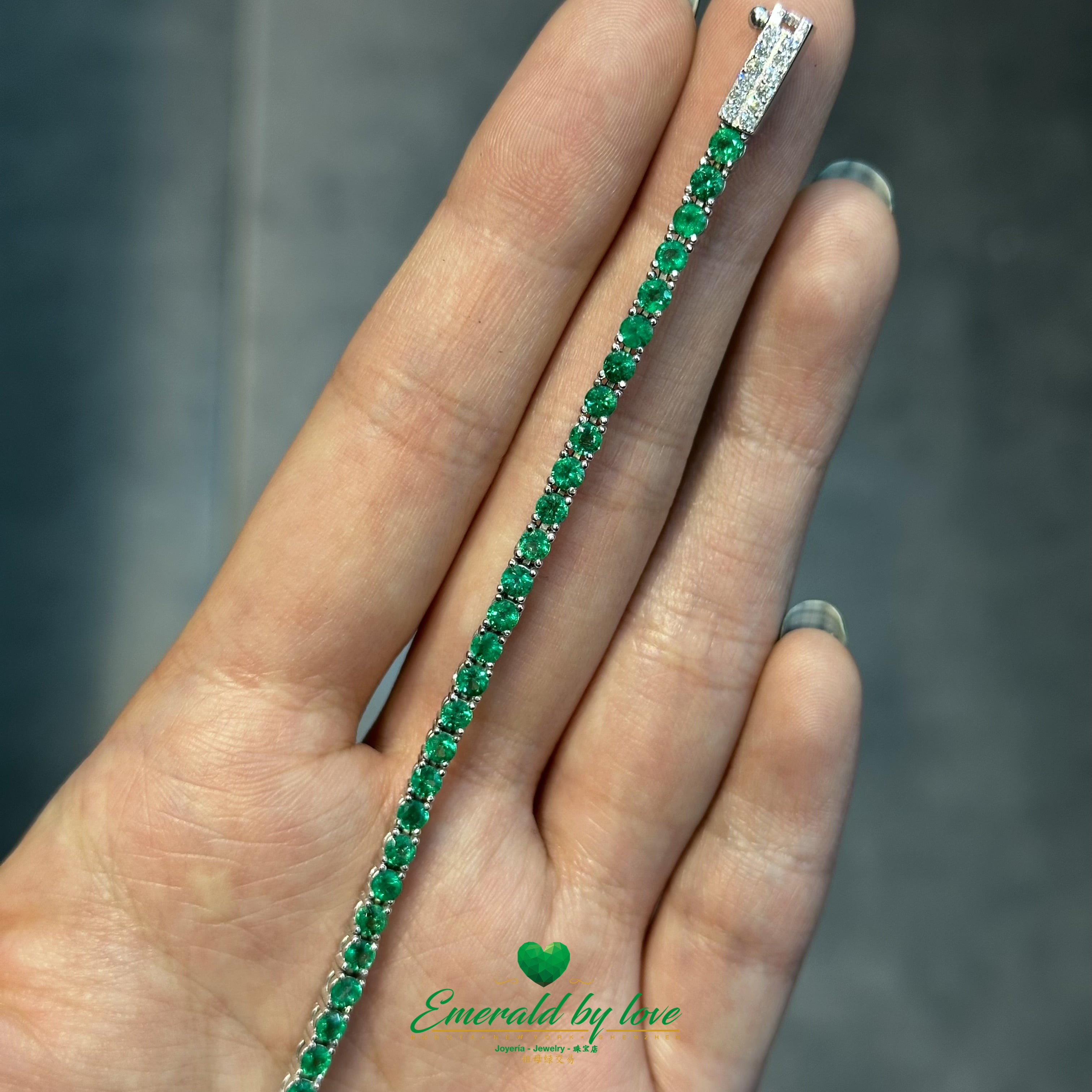 Certified Colombian Round Emerald Tennis Bracelet in White Gold