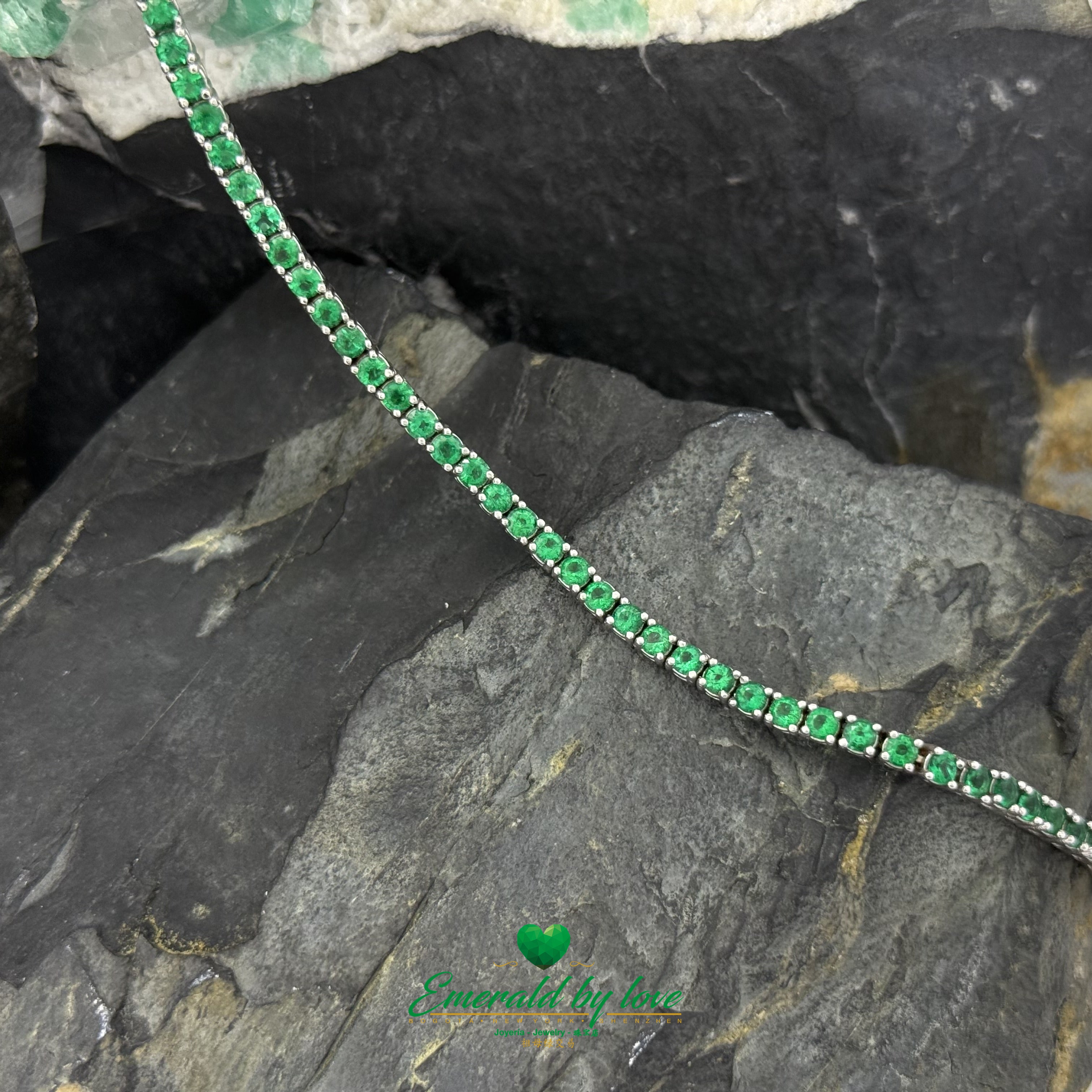 18K White Gold Bracelet with Premium Round Emeralds and Emerald-Set Safety Clasp