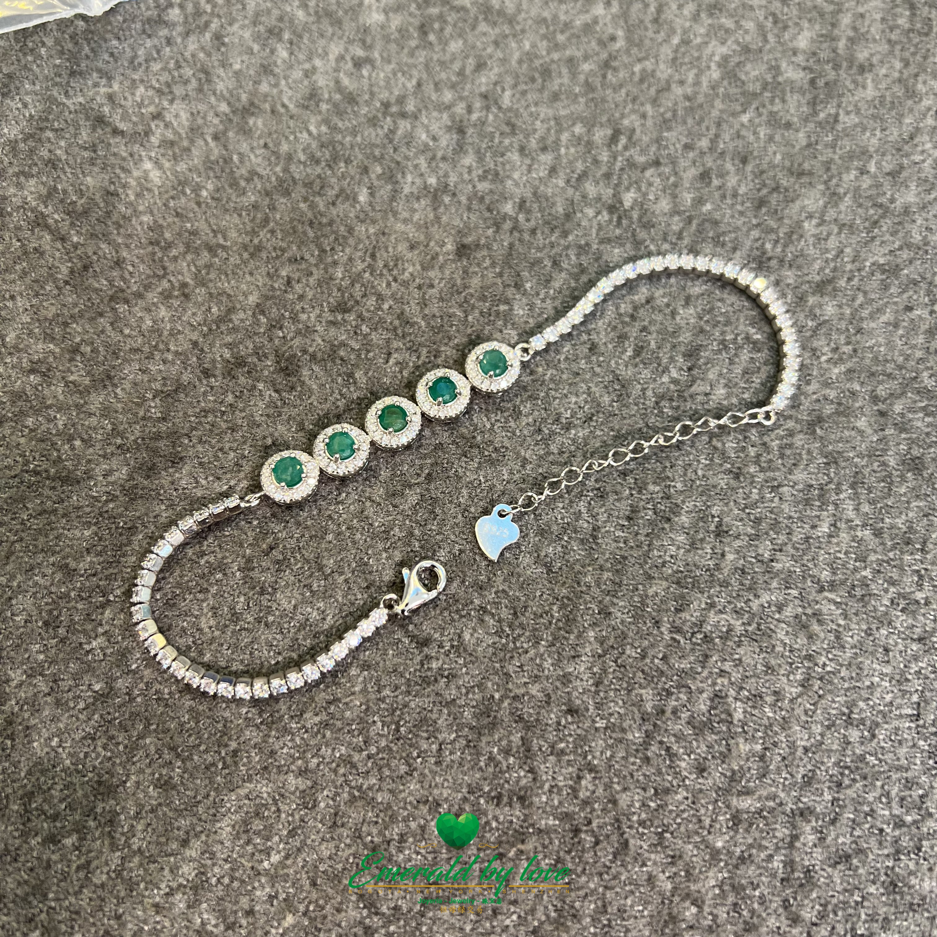 925 Silver Bracelet with 5 Round Marquise Settings and Central Colombian Emeralds