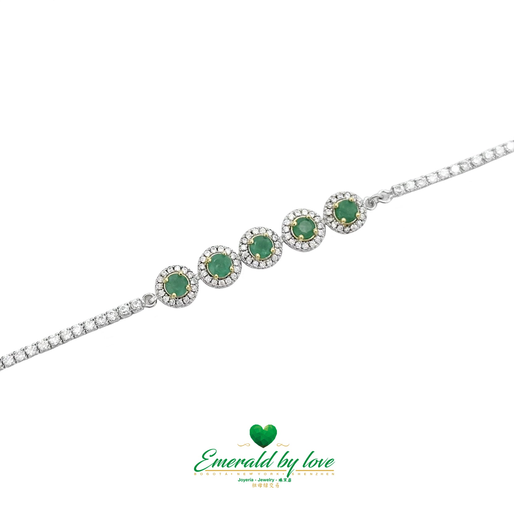 925 Silver Bracelet with 5 Round Marquise Settings and Central Colombian Emeralds