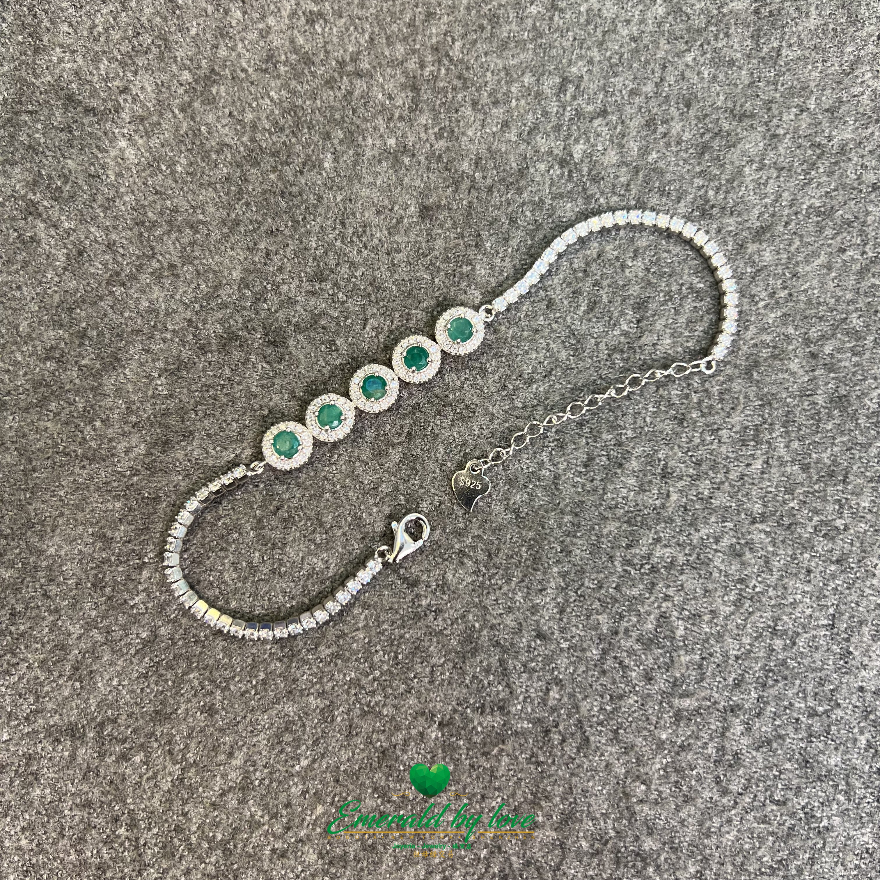 925 Silver Bracelet with 5 Round Marquise Settings and Central Colombian Emeralds