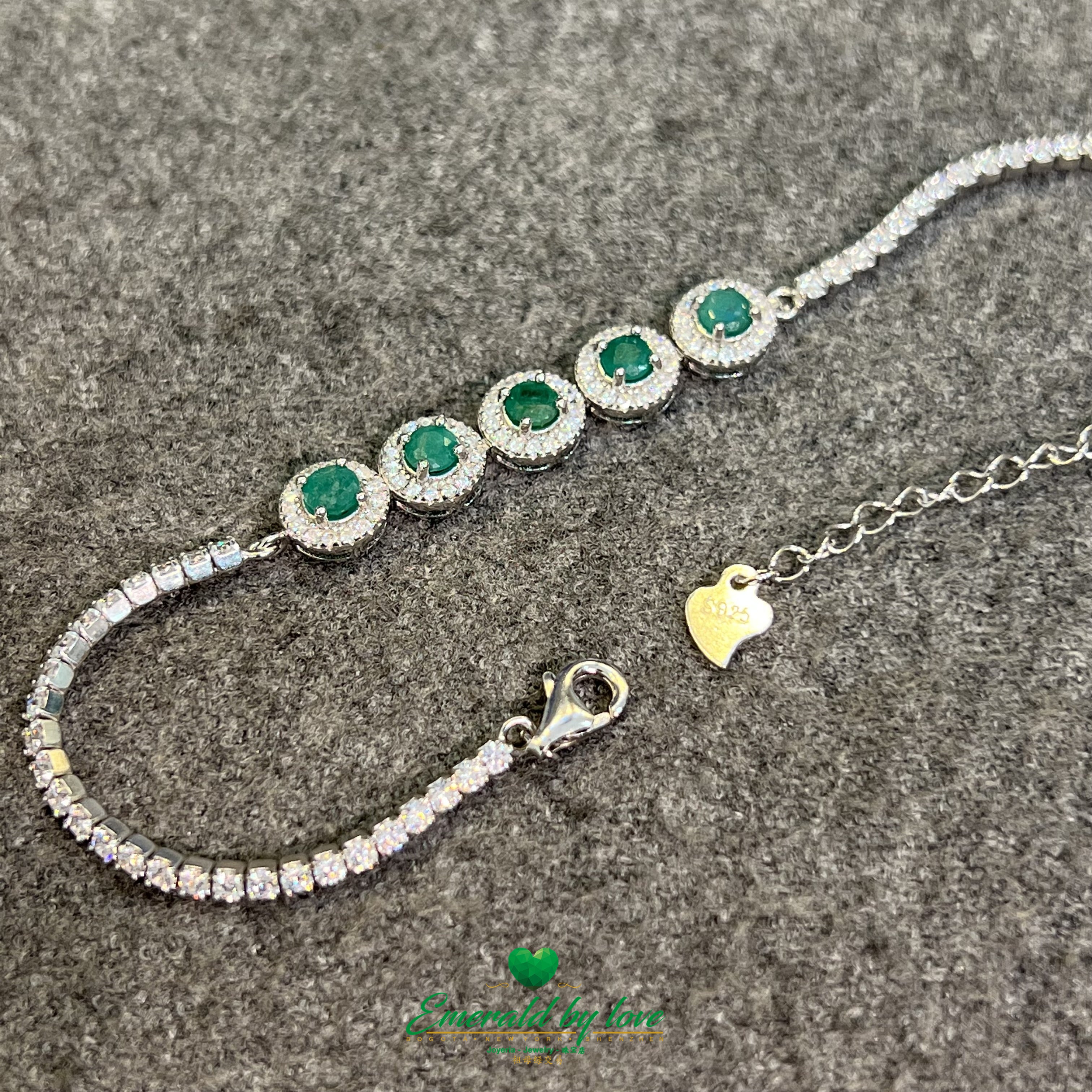 925 Silver Bracelet with 5 Round Marquise Settings and Central Colombian Emeralds