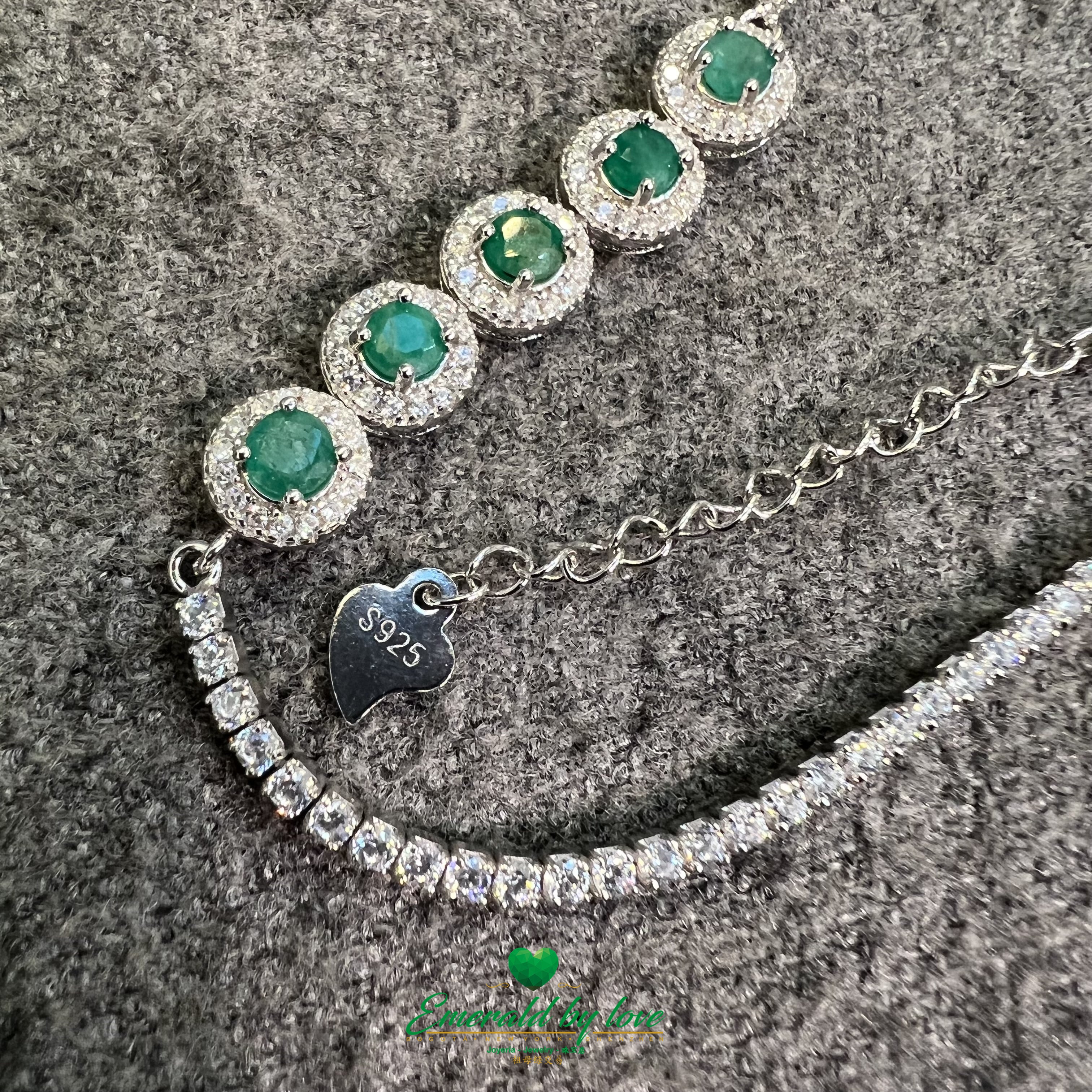 925 Silver Bracelet with 5 Round Marquise Settings and Central Colombian Emeralds