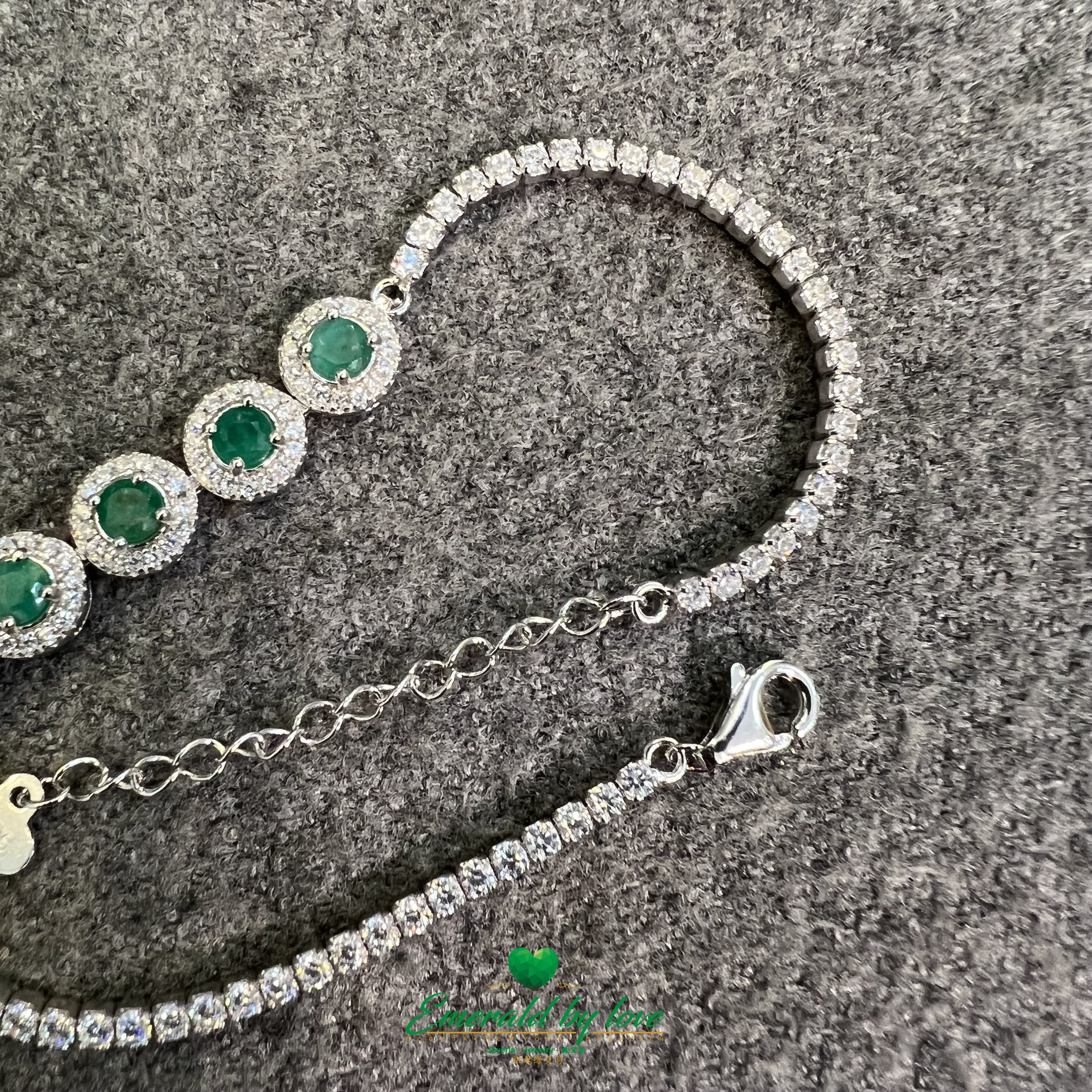 925 Silver Bracelet with 5 Round Marquise Settings and Central Colombian Emeralds