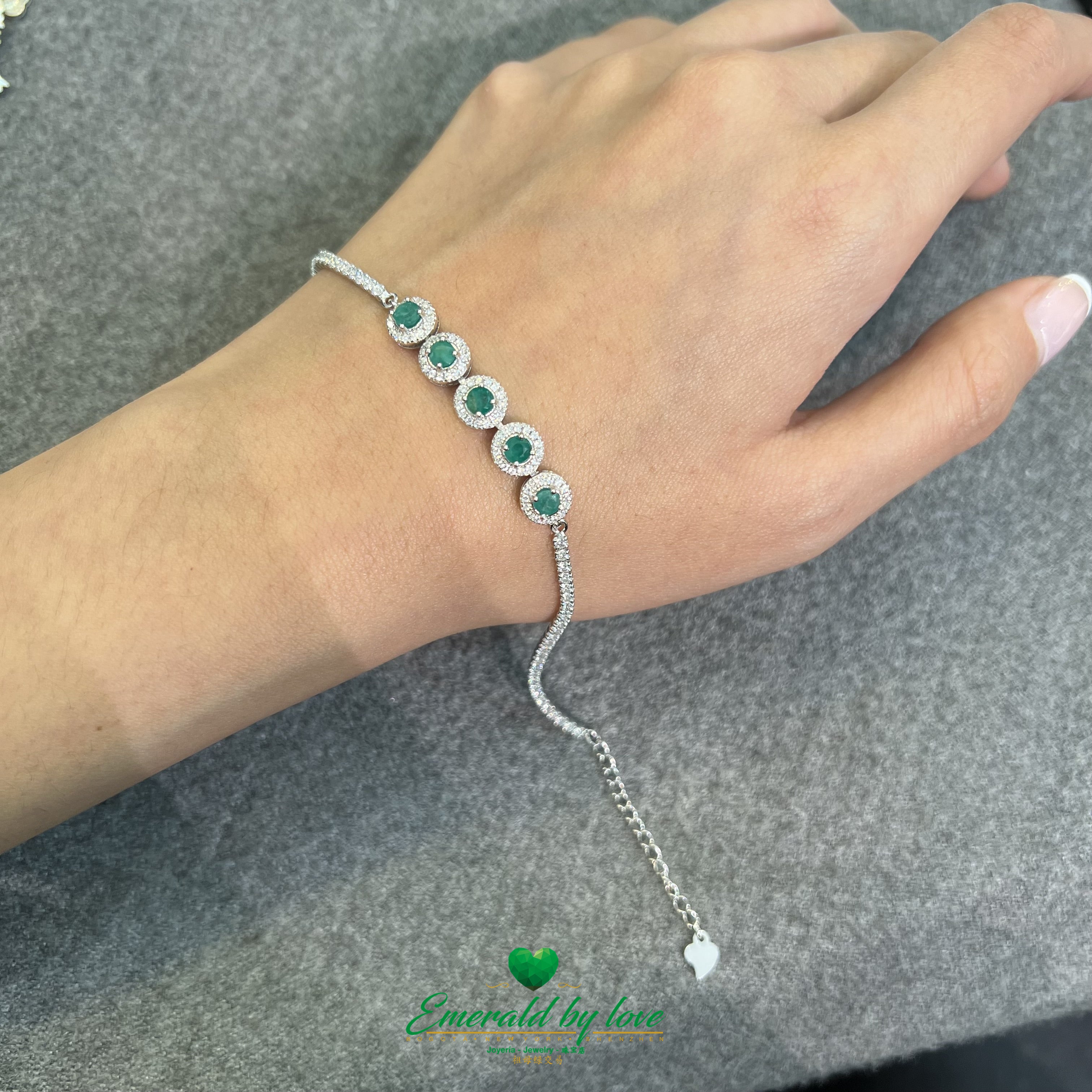 925 Silver Bracelet with 5 Round Marquise Settings and Central Colombian Emeralds