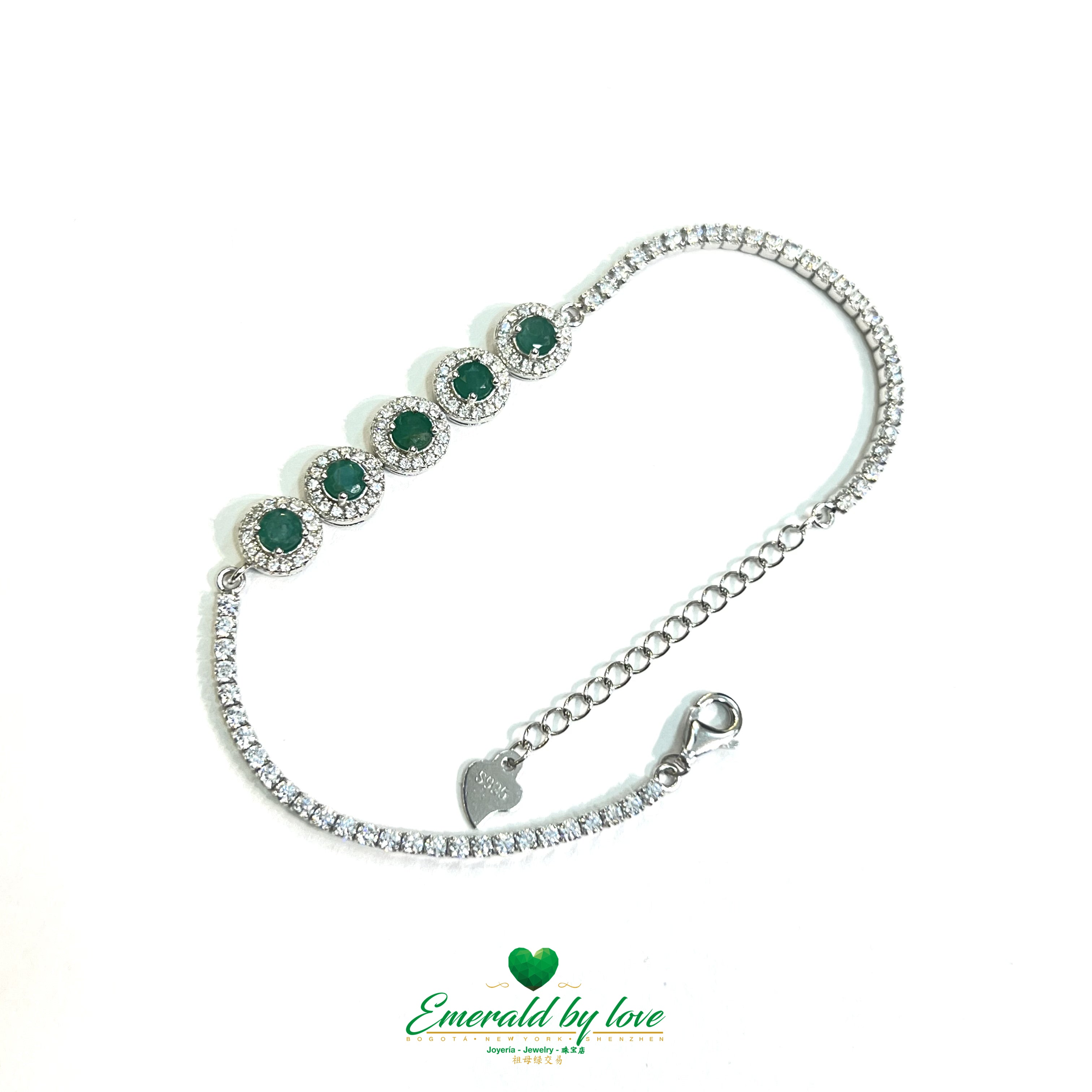 925 Silver Bracelet with 5 Round Marquise Settings and Central Colombian Emeralds