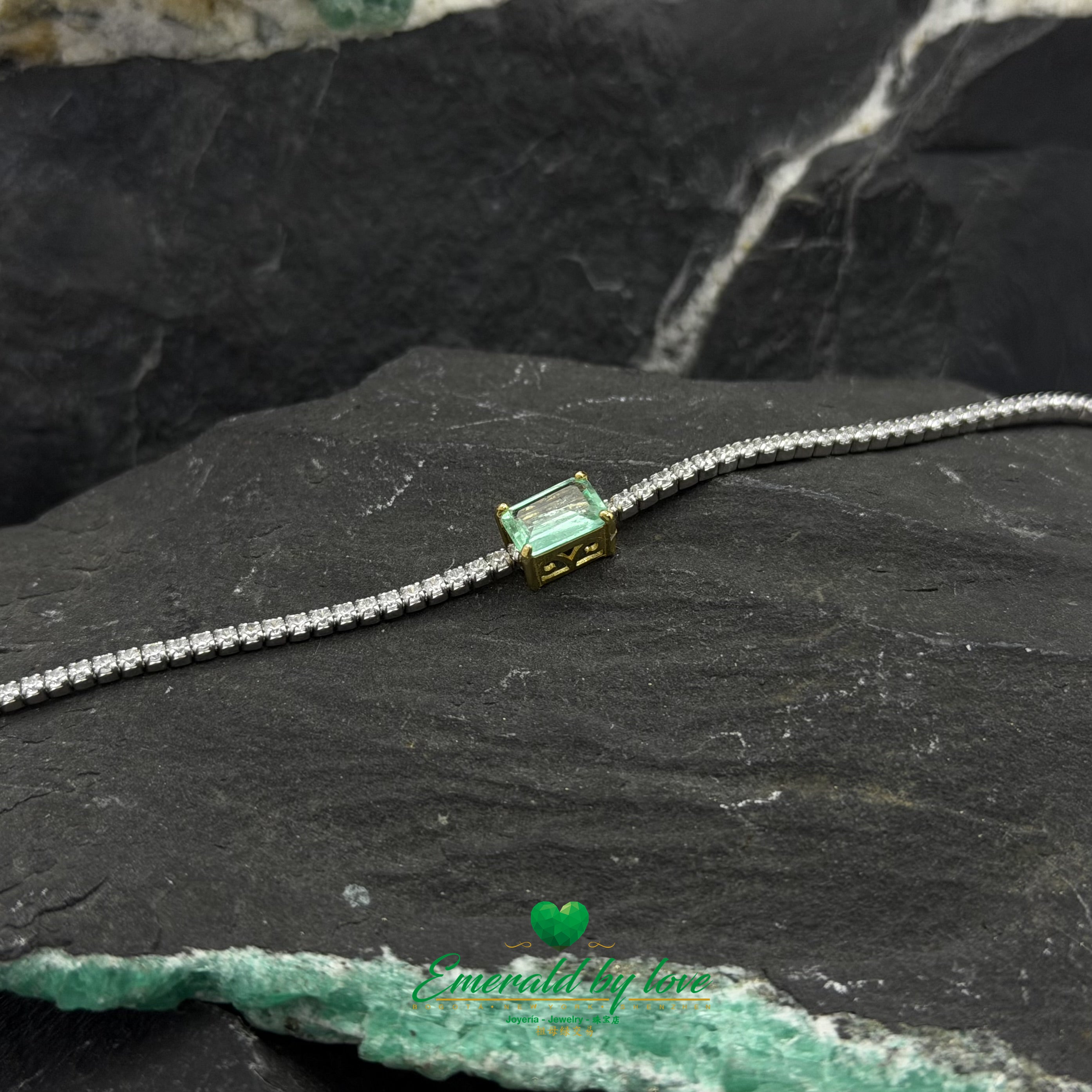 Sterling Silver Bracelet with Baguette-Cut Crystal Emerald