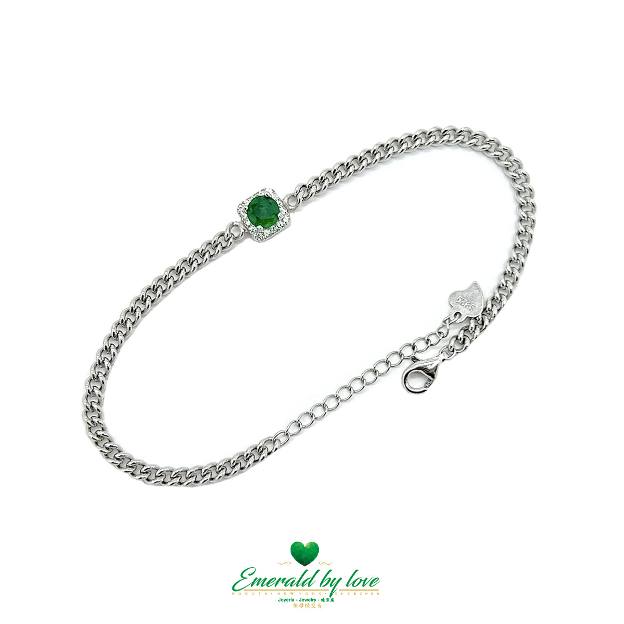 Sterling Silver Emerald Bracelet – Round Colombian Emerald in Square Zircon Halo Design