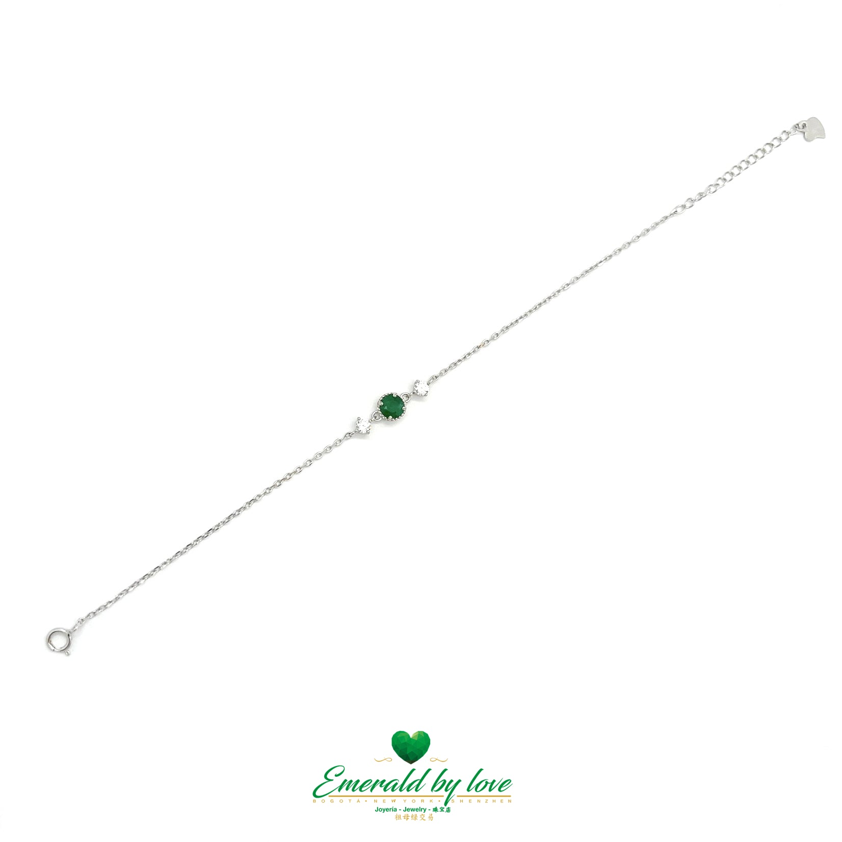925 Silver Bracelet with Central Round Colombian Emerald and Side Zircons