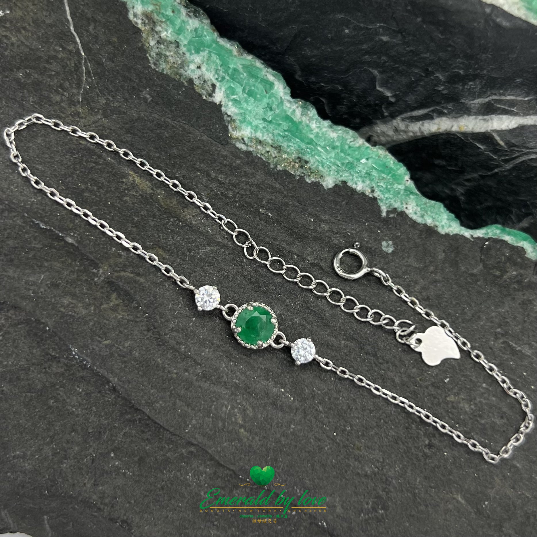 925 Silver Bracelet with Central Round Colombian Emerald and Side Zircons