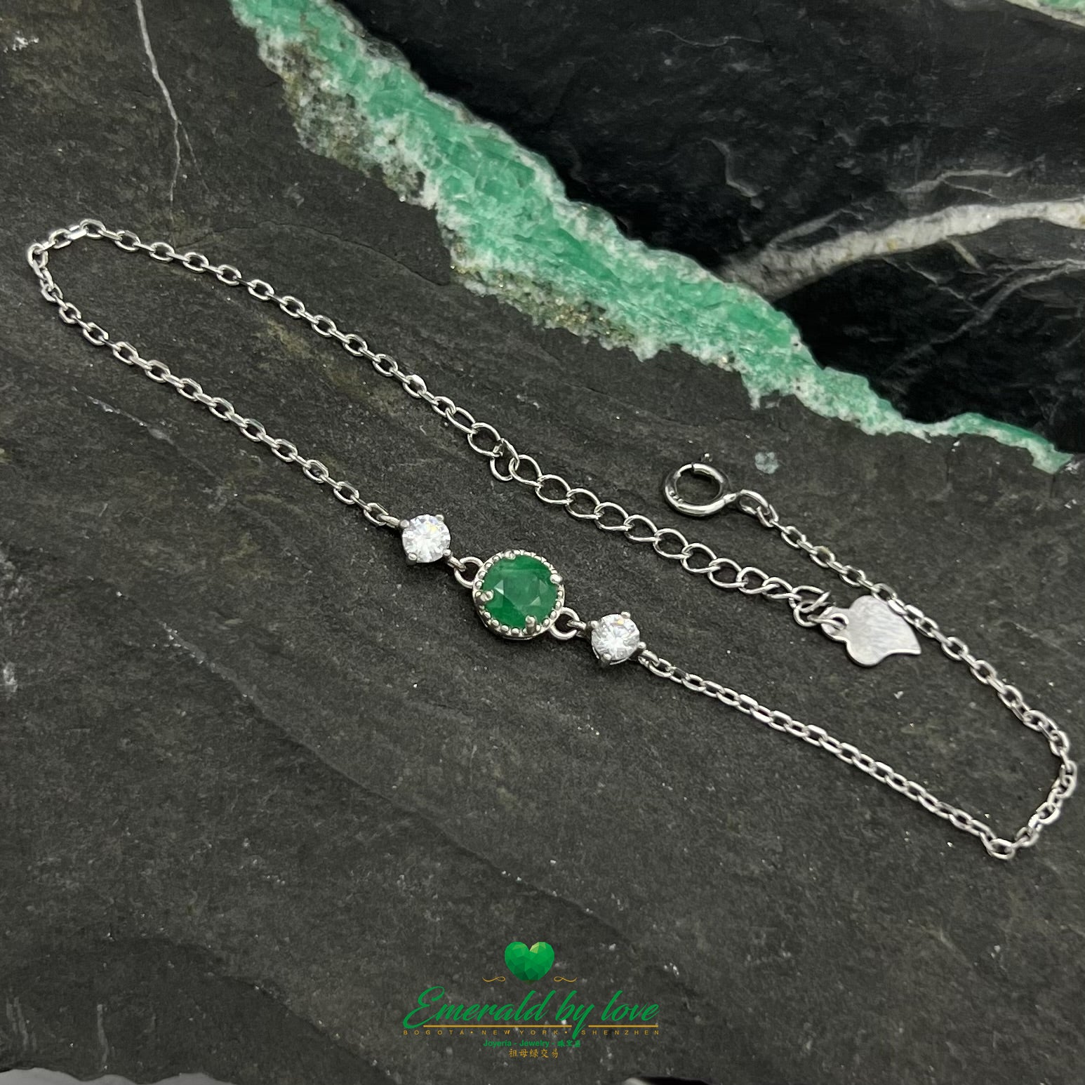 925 Silver Bracelet with Central Round Colombian Emerald and Side Zircons