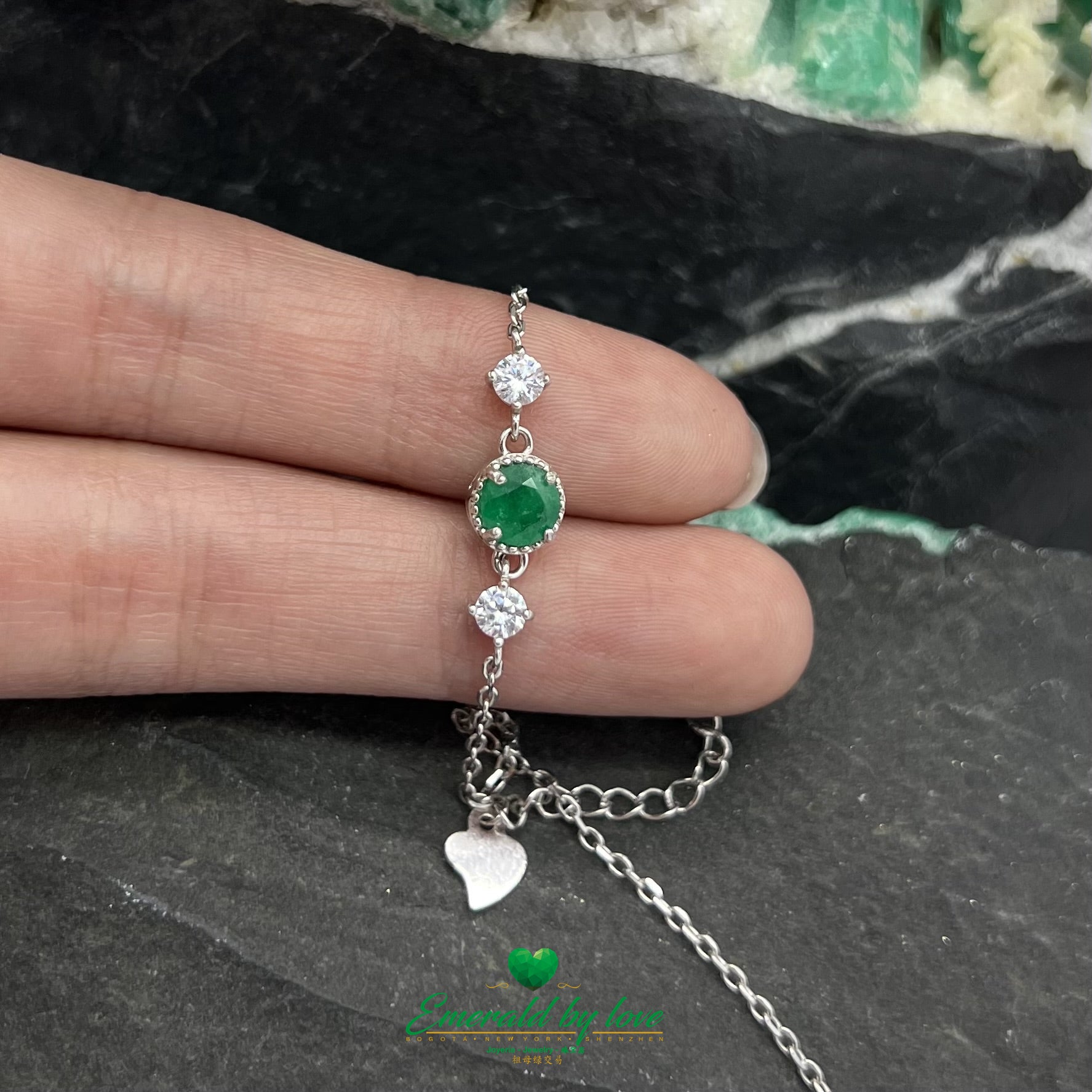 925 Silver Bracelet with Central Round Colombian Emerald and Side Zircons