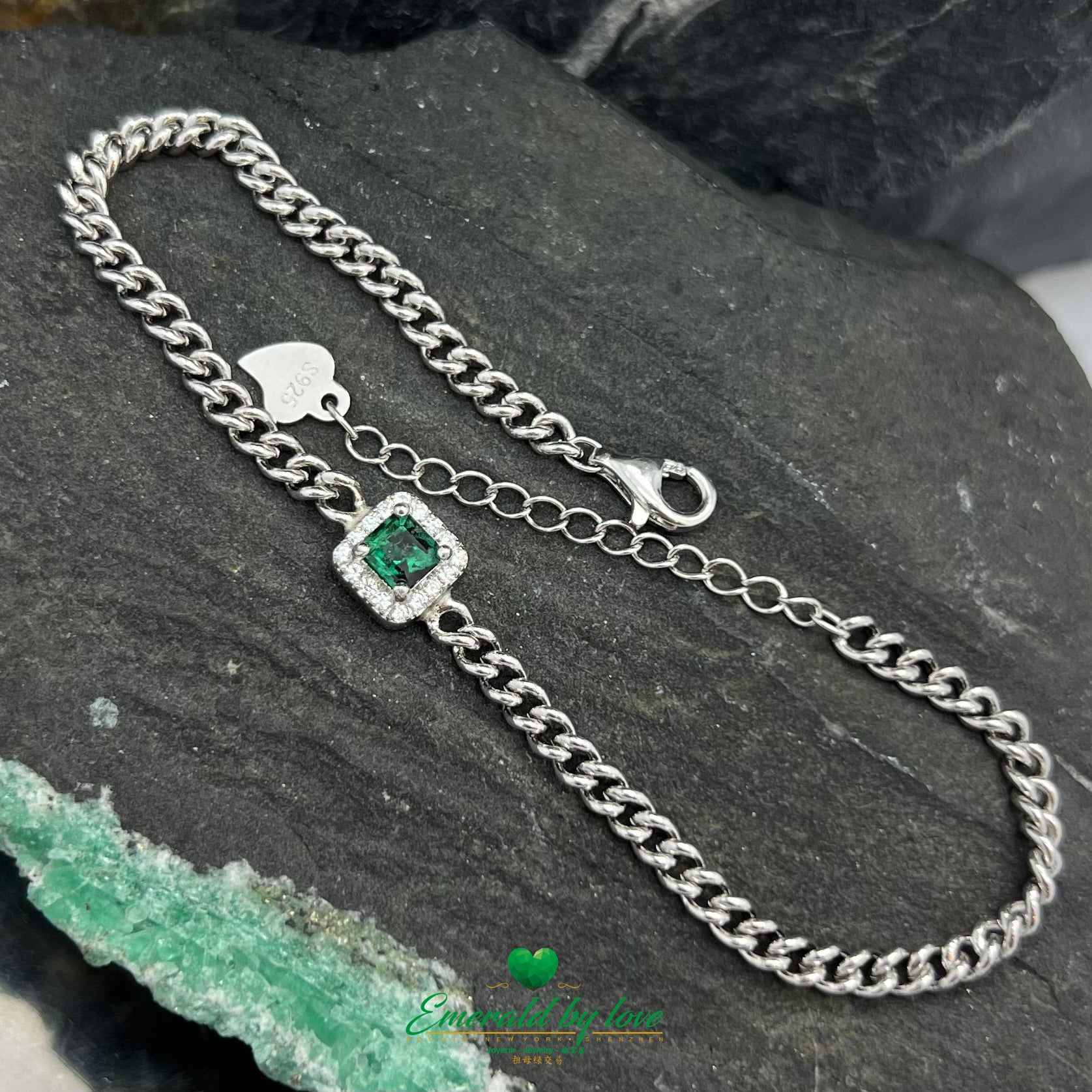 925 Rhodium-Plated Silver Bracelet with Certified Central Emerald