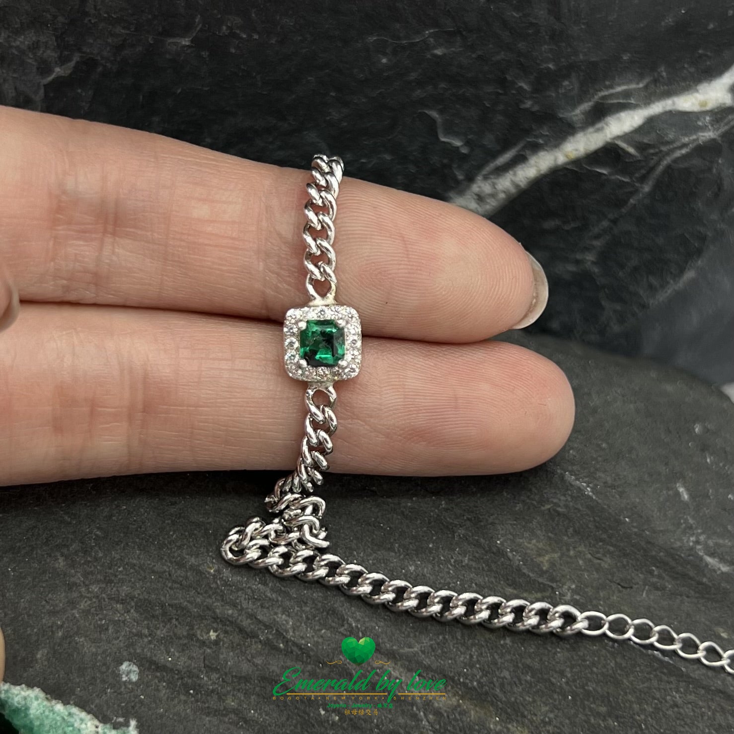 Pulsera de Plata 925 Rodiada con Esmeralda Central Certificada