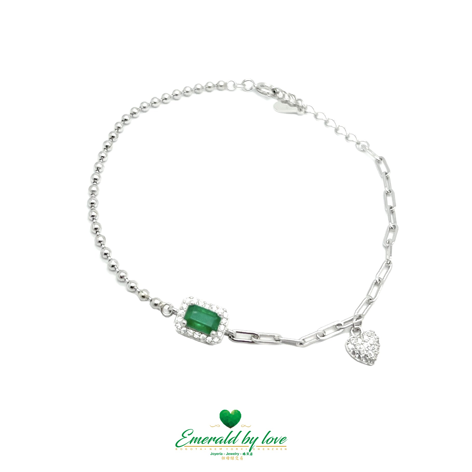 Sterling Silver Bracelet with Double Charm Featuring Colombian Baguette Emerald