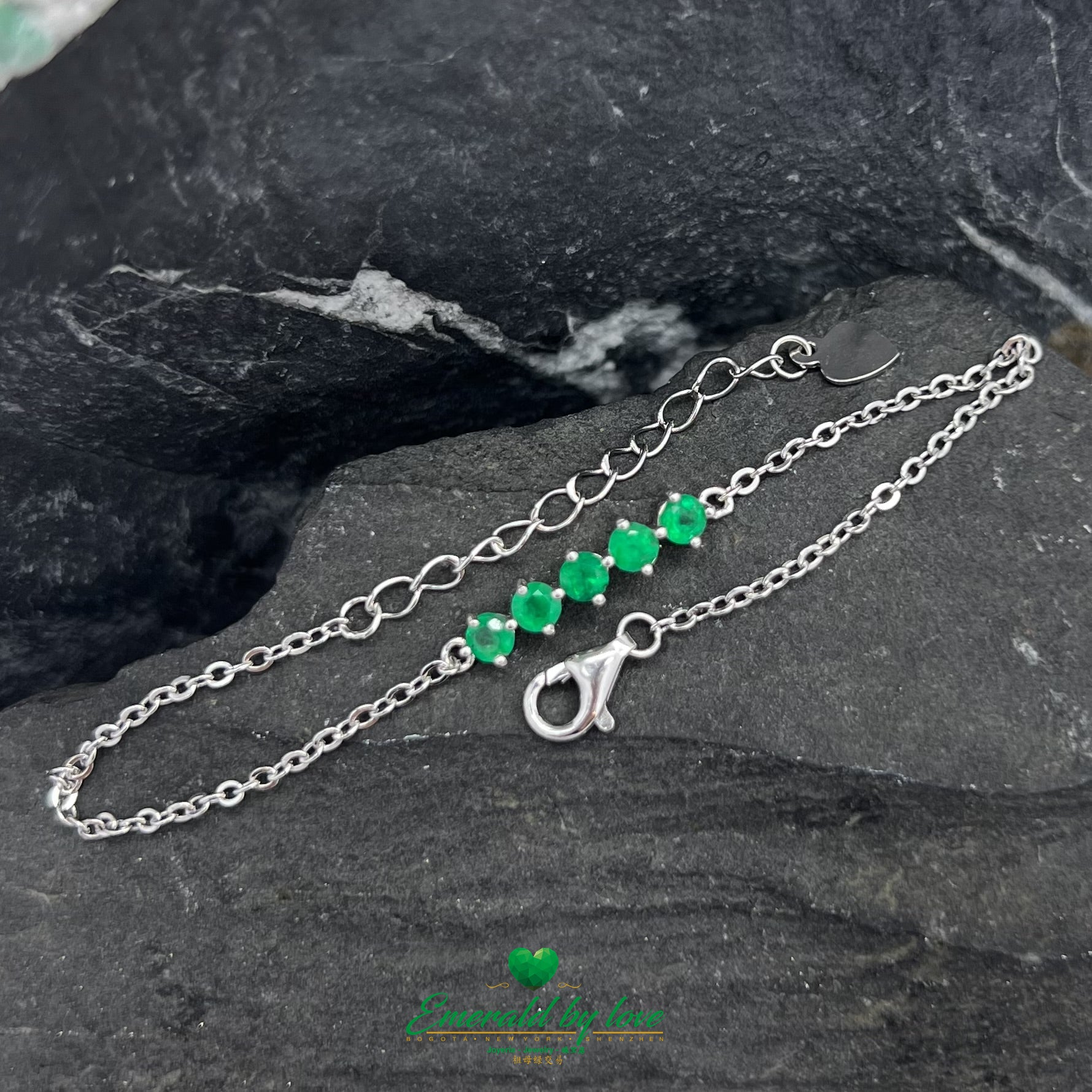 Sterling Silver Bracelet with Five Round Central Emeralds in Rich Hues
