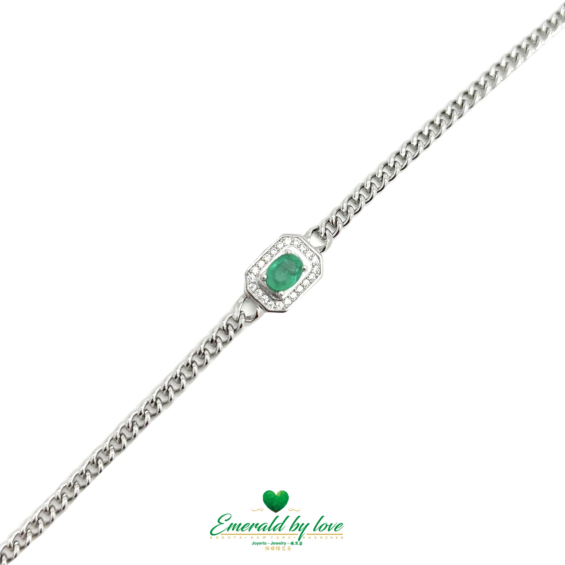 Sterling Silver Bracelet with Oval Crystal Emerald on Rectangular Plate