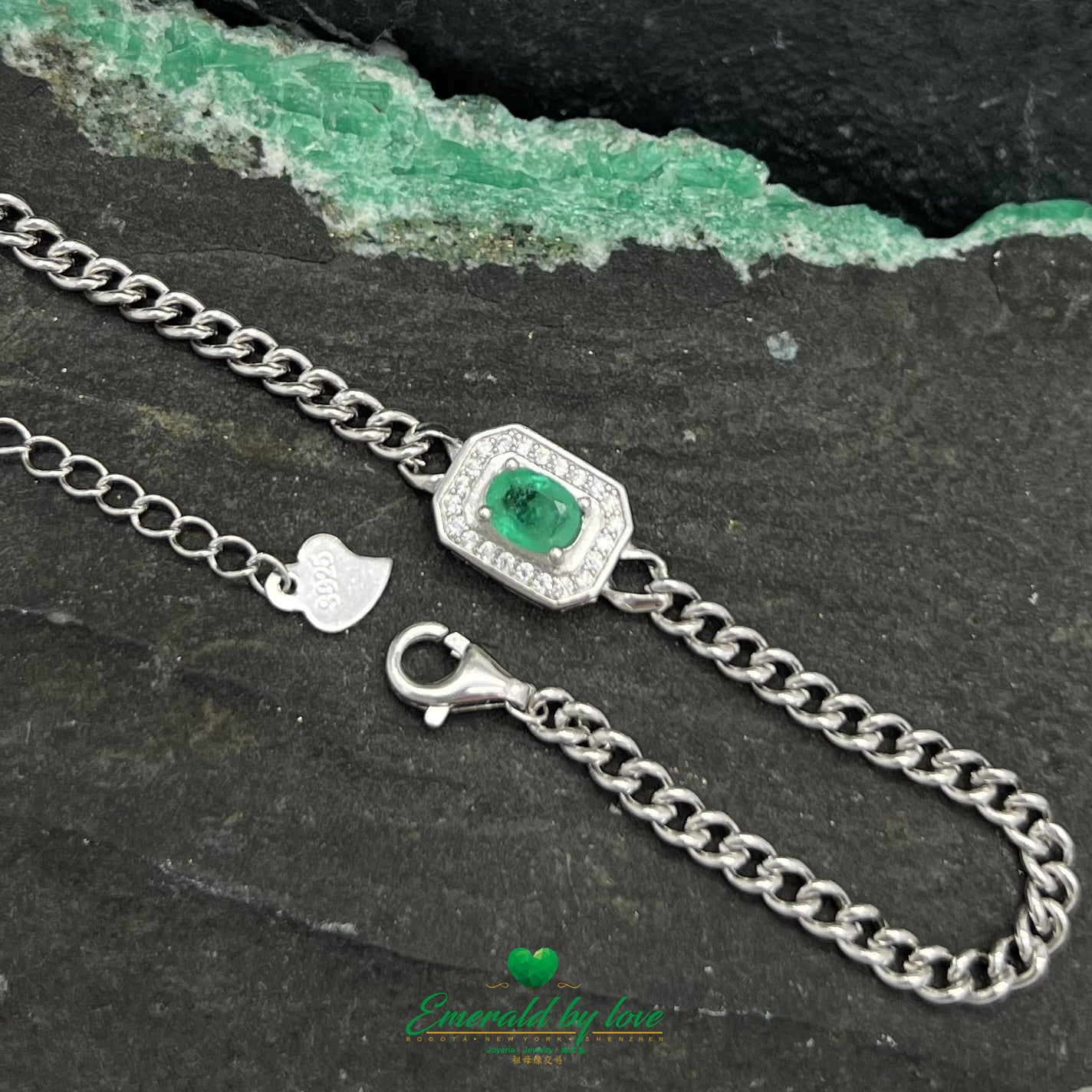 Sterling Silver Bracelet with Oval Crystal Emerald on Rectangular Plate