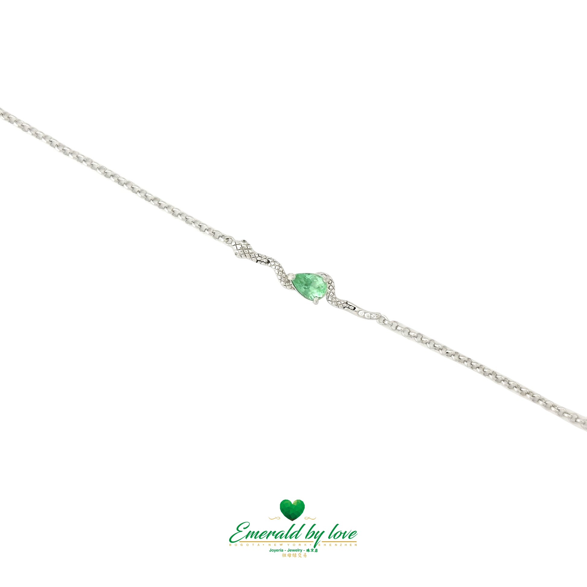 Superbe bracelet à breloques serpent avec émeraude en forme de larme centrale