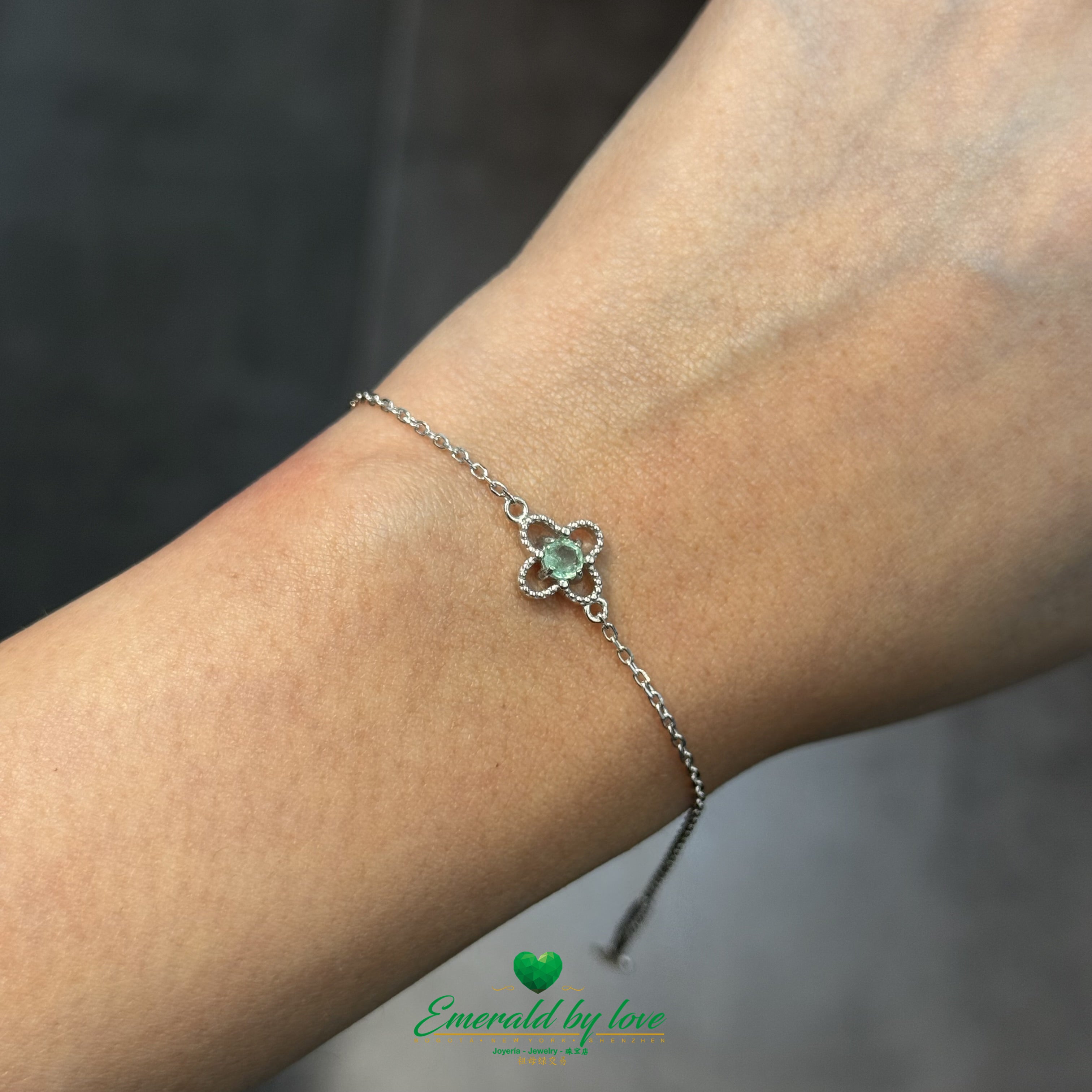Sterling Silver Flower Bracelet – 4-Petal Charm with Colombian Emerald