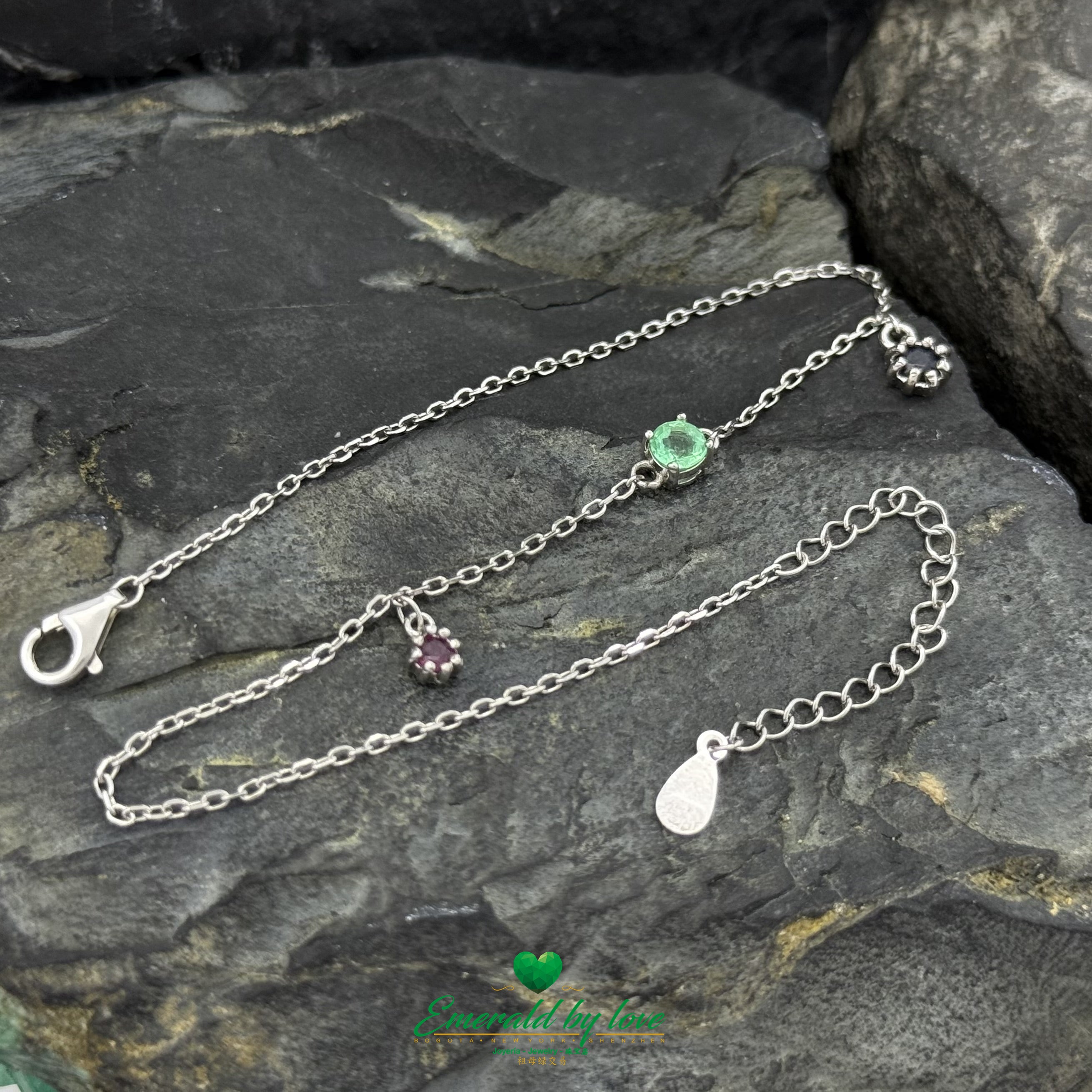 Sterling Silver Anklet – Round Emerald with Ruby & Sapphire Charms