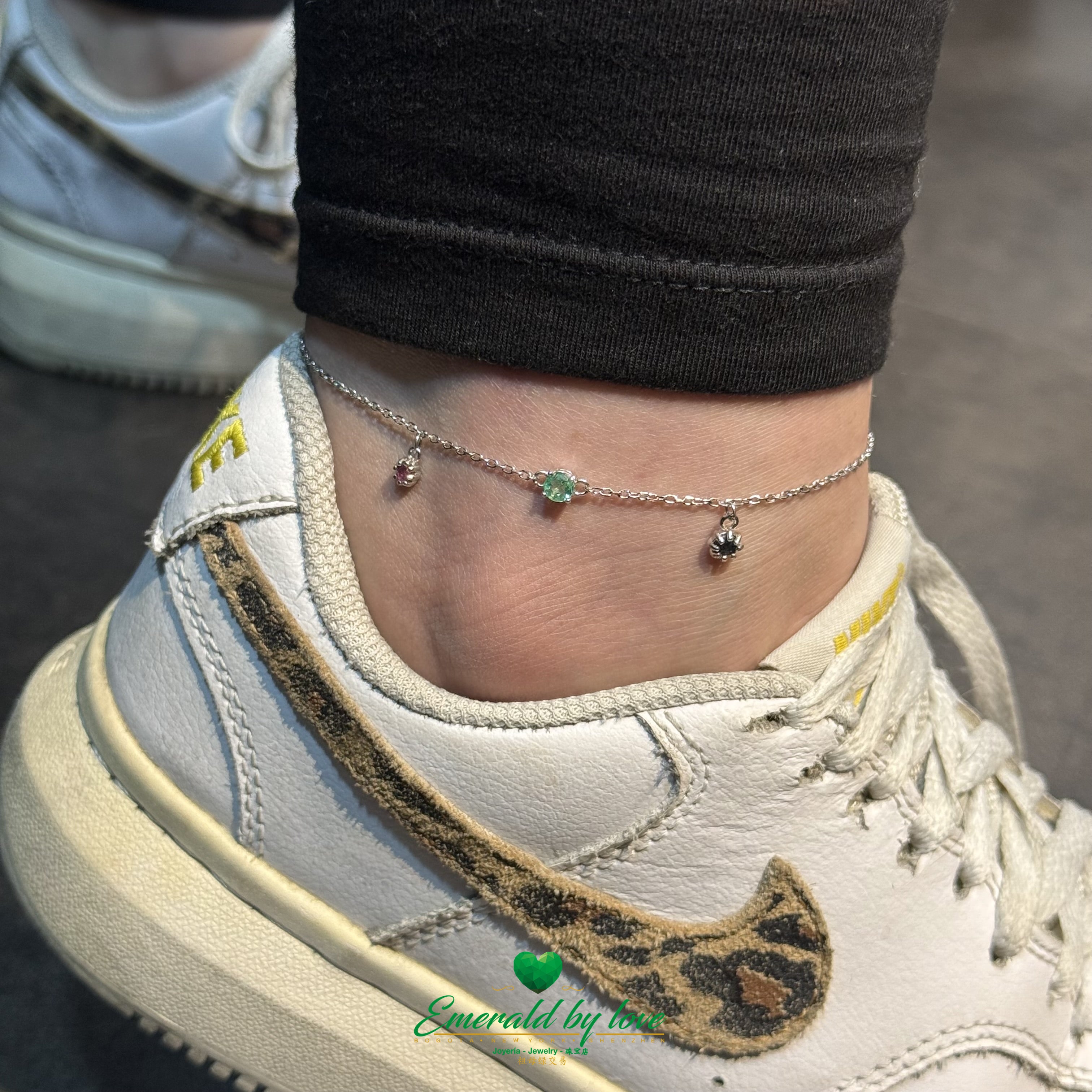 Sterling Silver Anklet – Round Emerald with Ruby & Sapphire Charms
