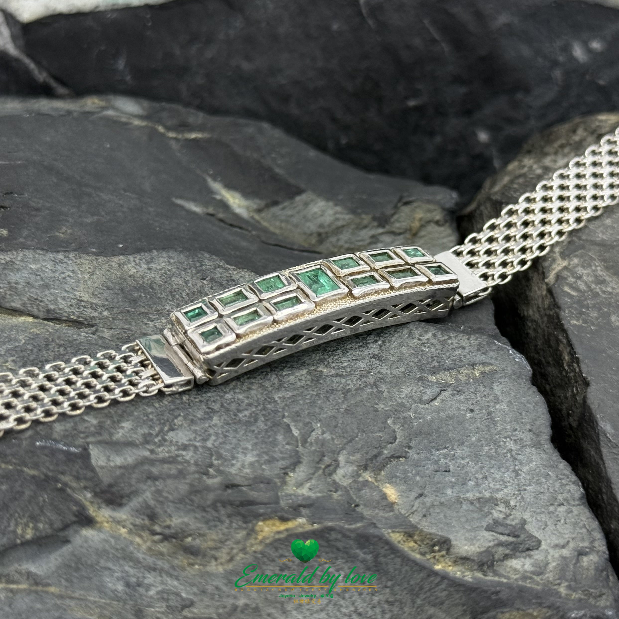 Men’s Sterling Silver Bracelet – Bold Clasp with Baguette-Cut Emeralds