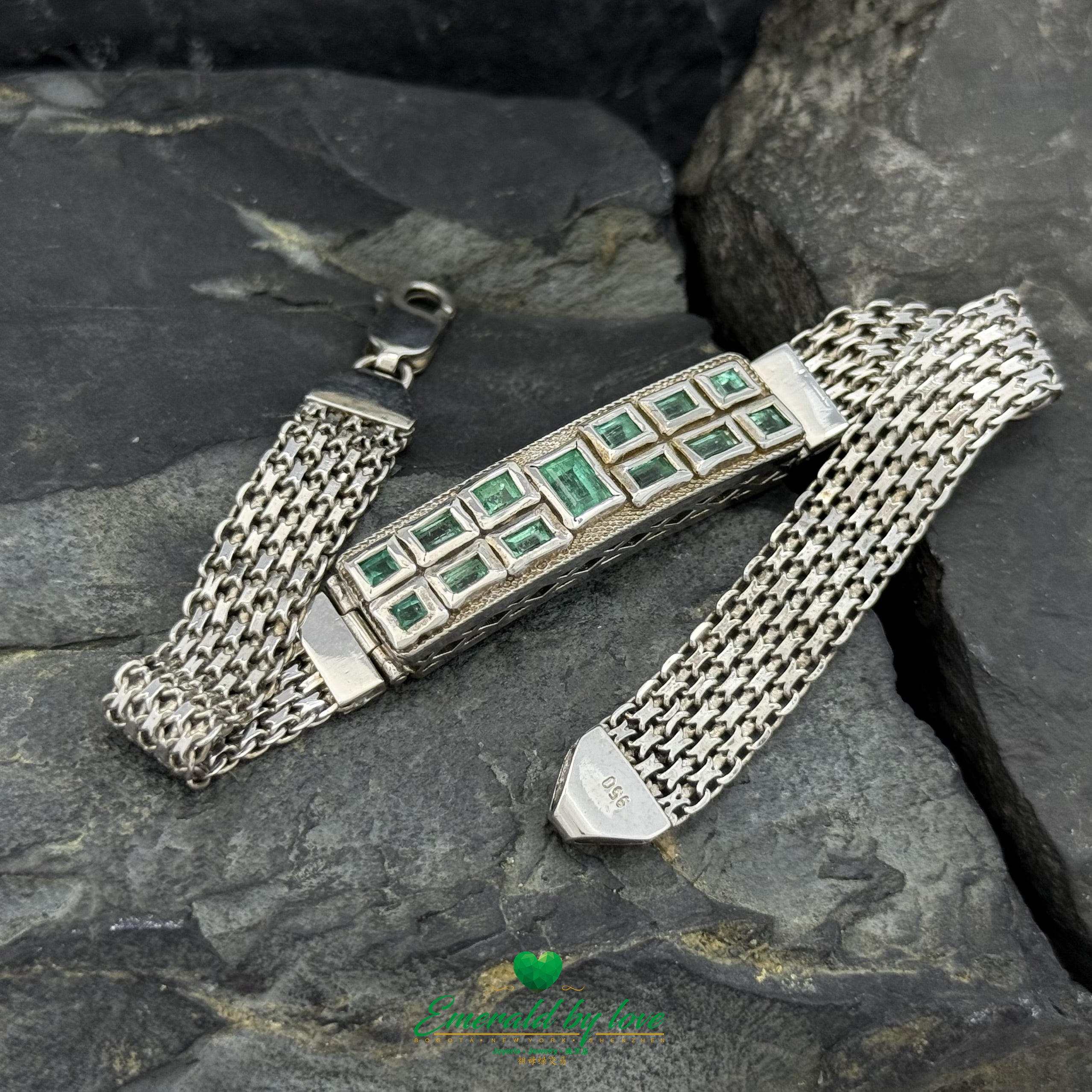 Men’s Sterling Silver Bracelet – Bold Clasp with Baguette-Cut Emeralds