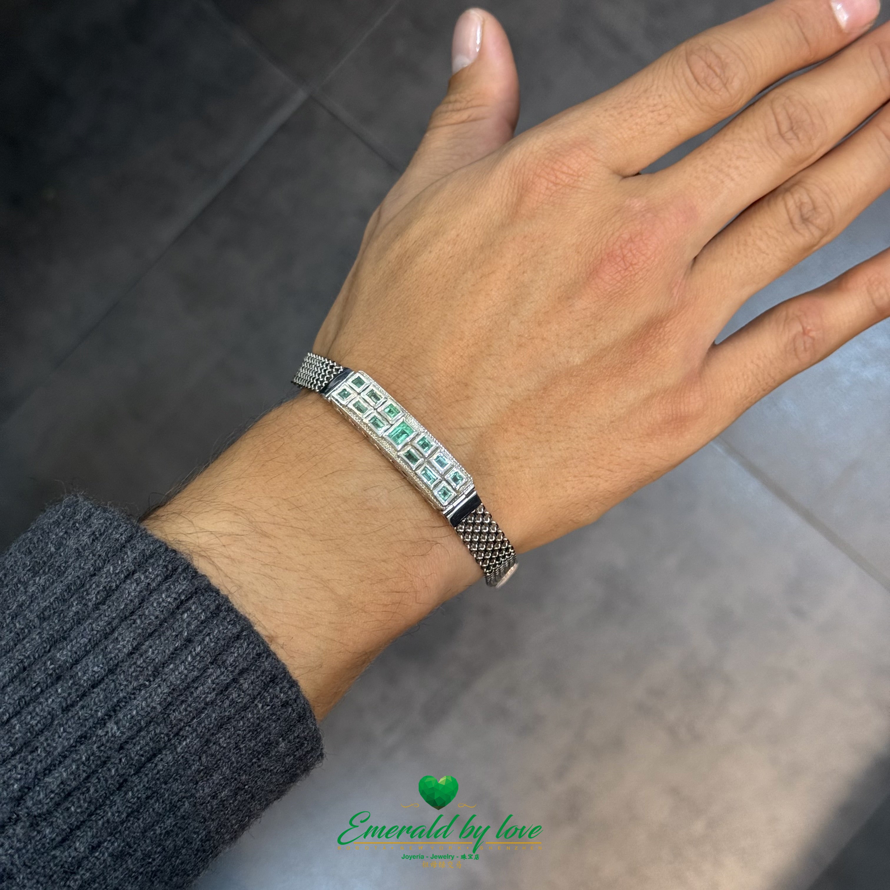 Men’s Sterling Silver Bracelet – Bold Clasp with Baguette-Cut Emeralds