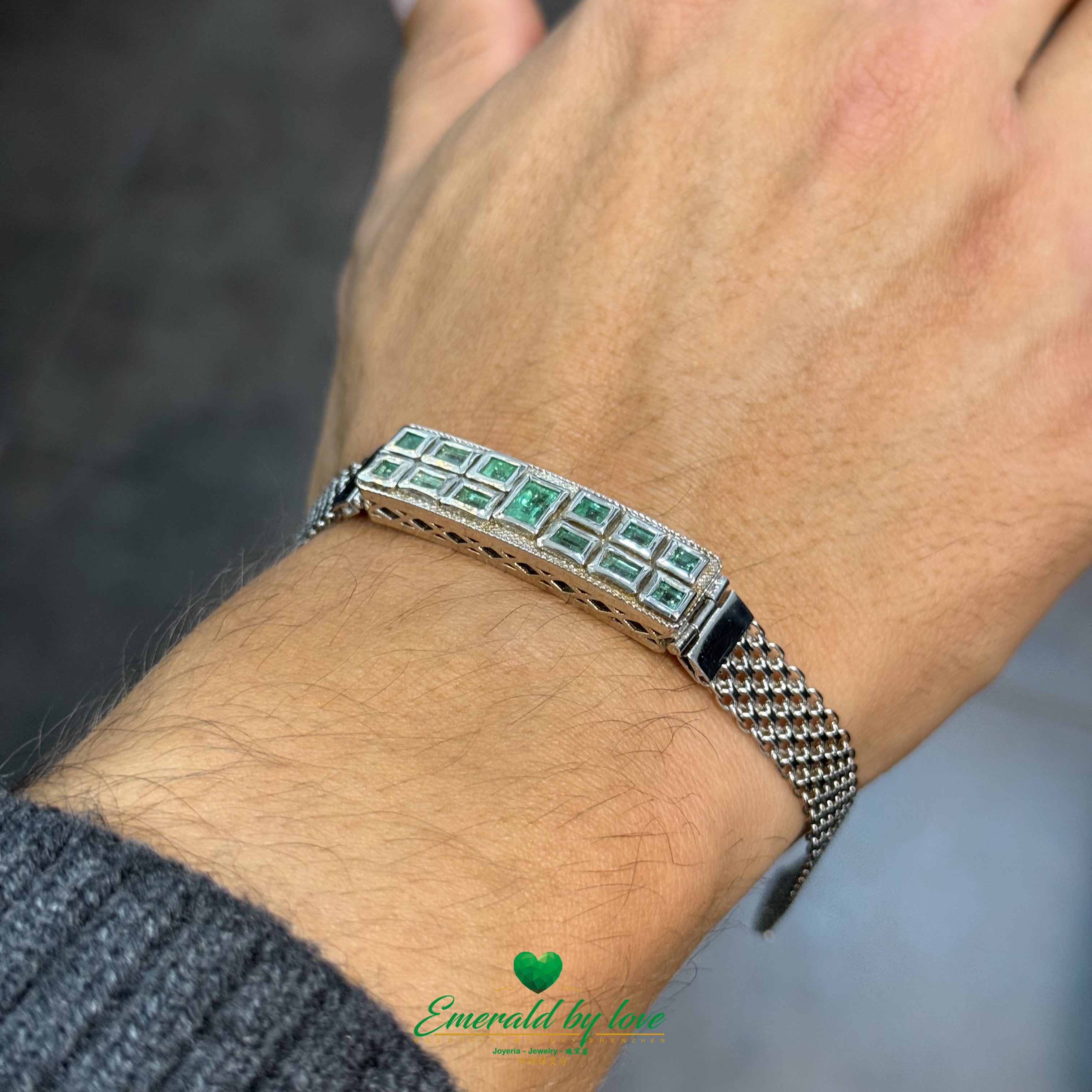 Men’s Sterling Silver Bracelet – Bold Clasp with Baguette-Cut Emeralds