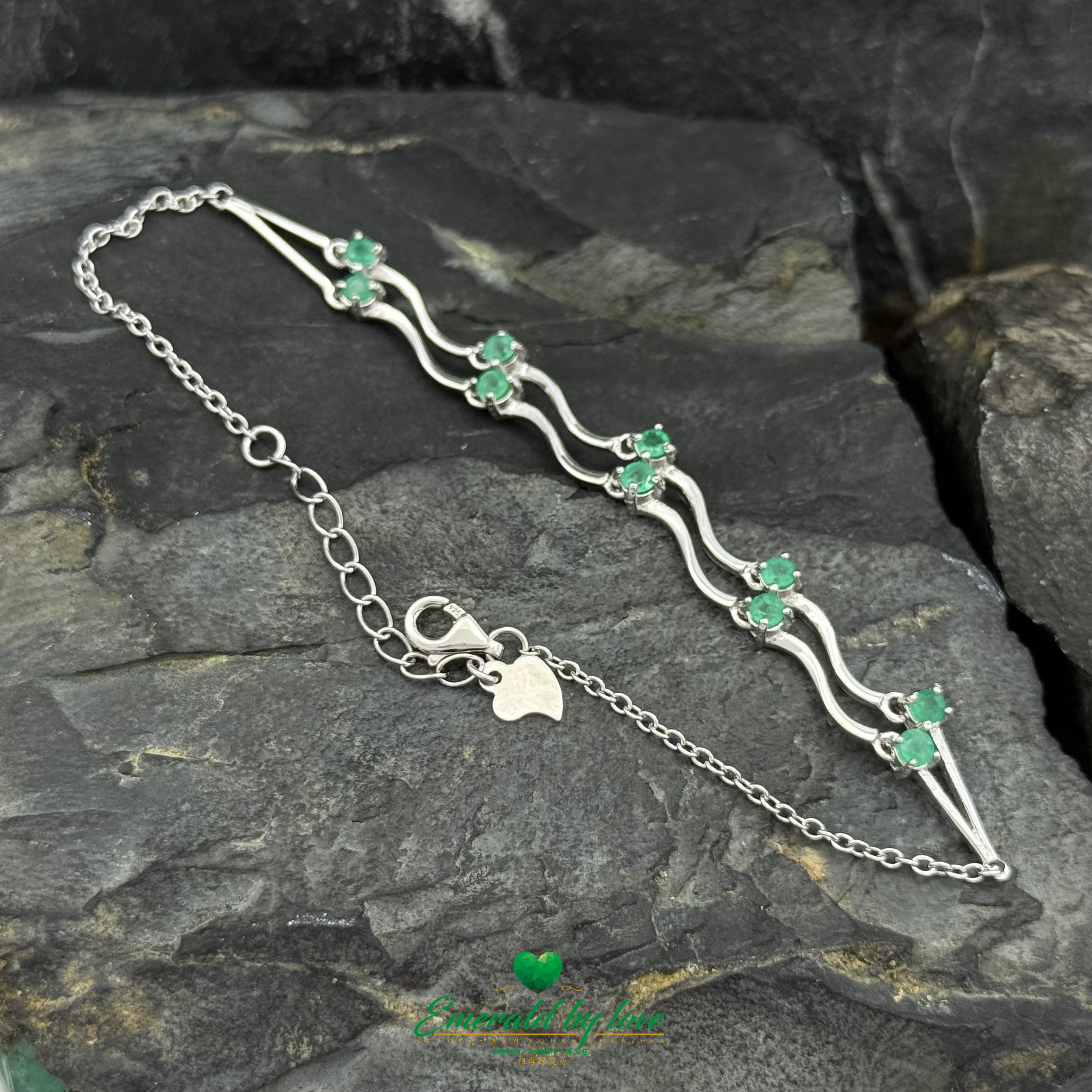 Double Emerald Arabesque Bracelet – Sterling Silver with Round Emerald Crystals
