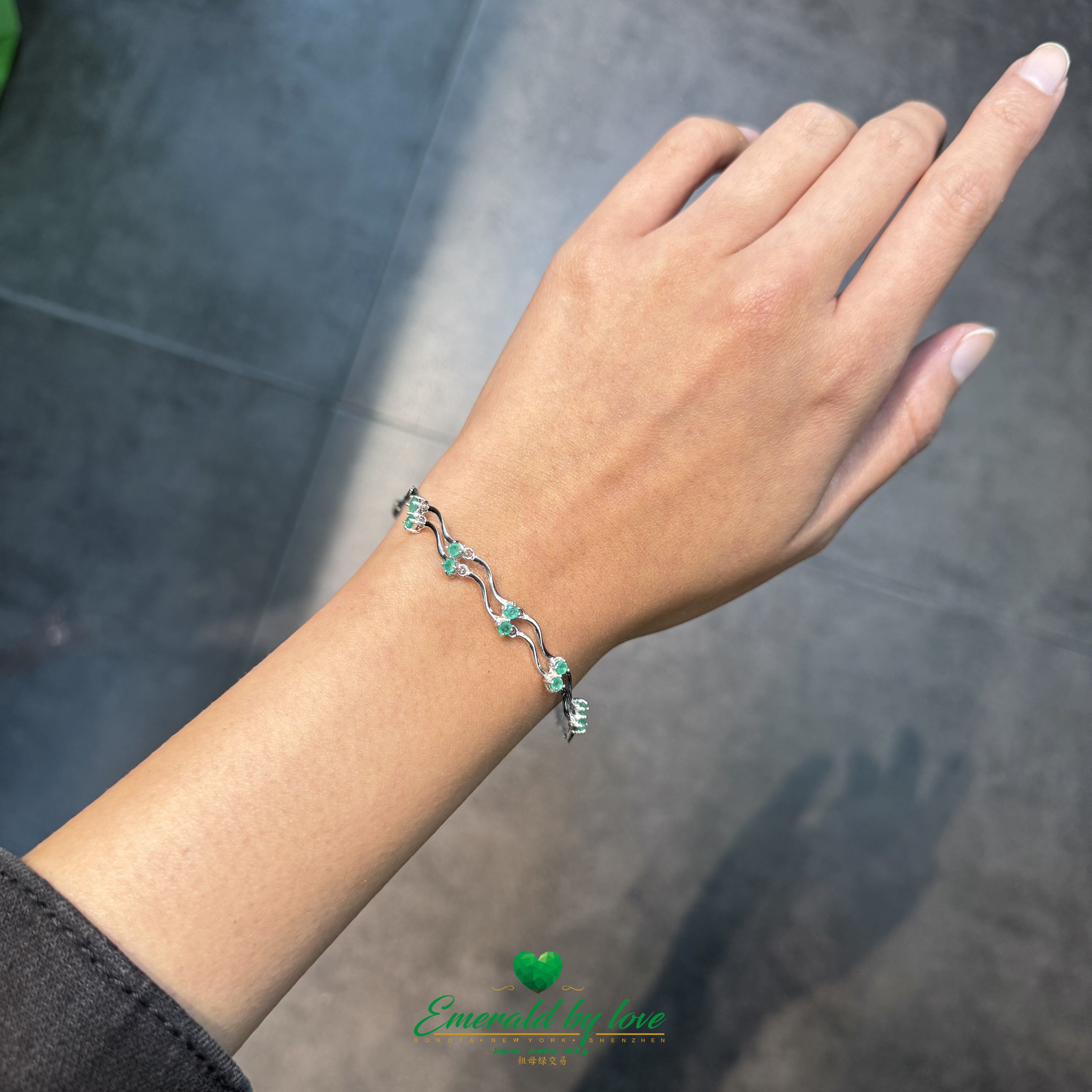 Double Emerald Arabesque Bracelet – Sterling Silver with Round Emerald Crystals