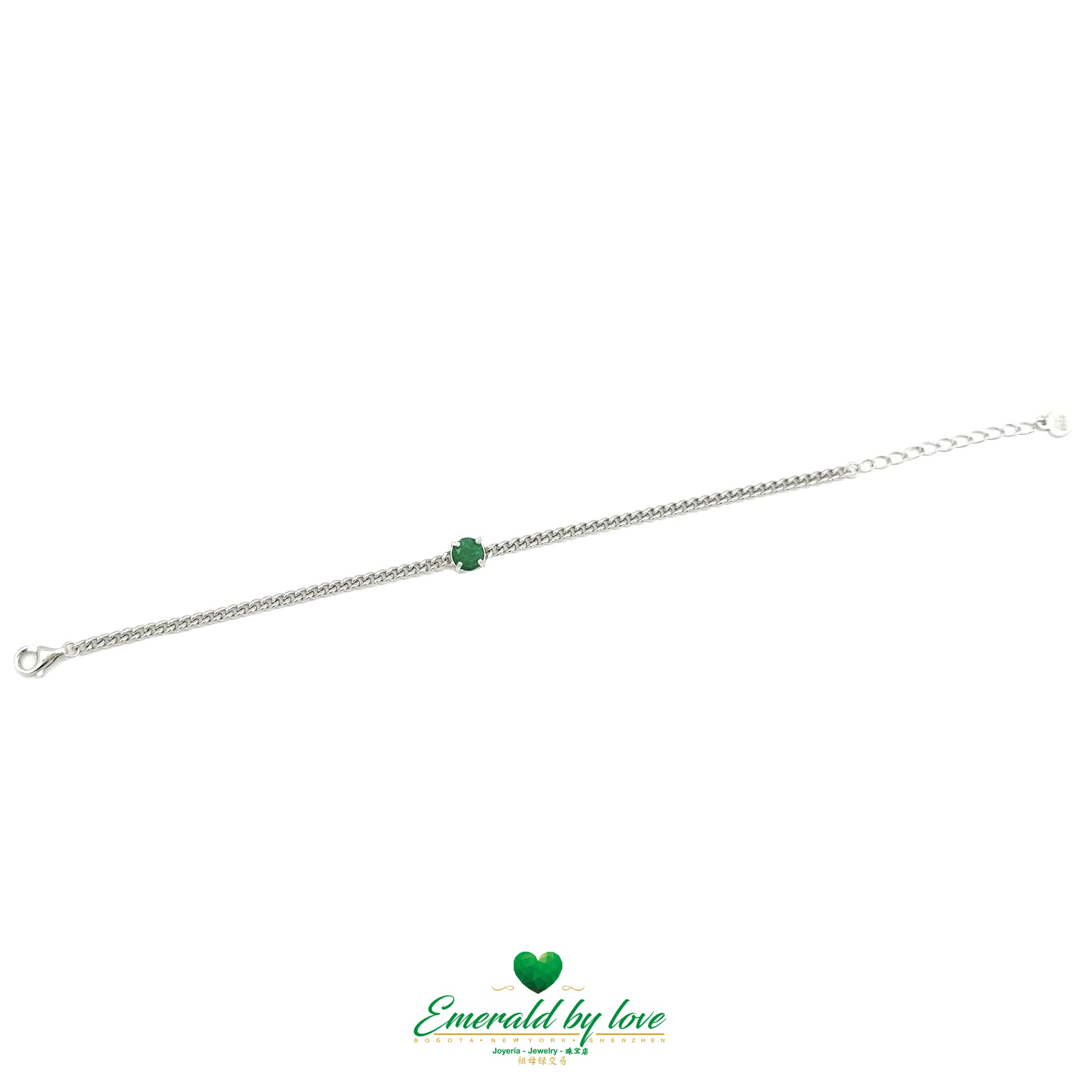 Round Colombian Emerald Bracelet with 4-Prong Setting on Bold Chain
