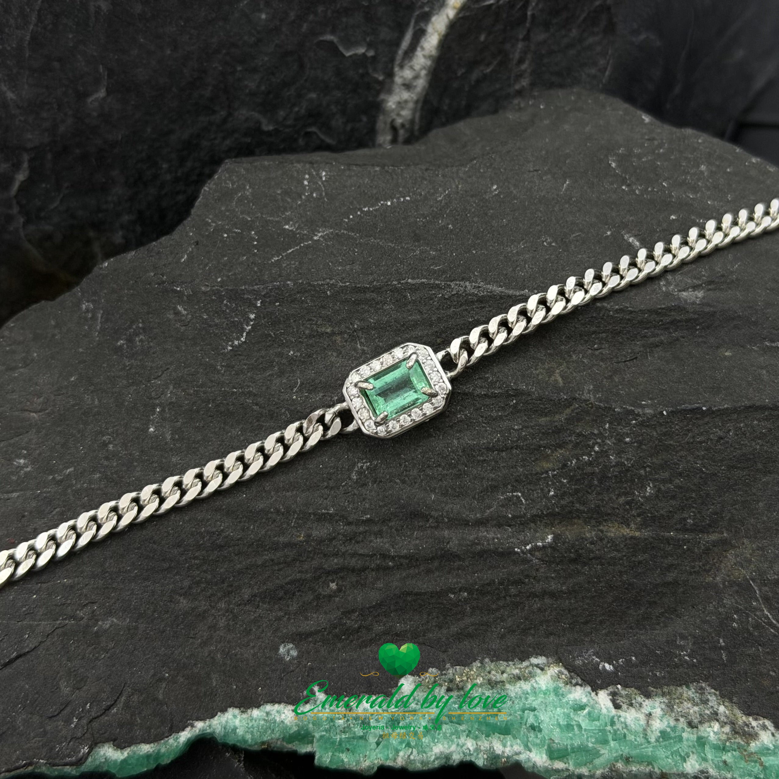 Sterling Silver Bracelet with Baguette-Cut Crystal Emerald and Zircon Accents