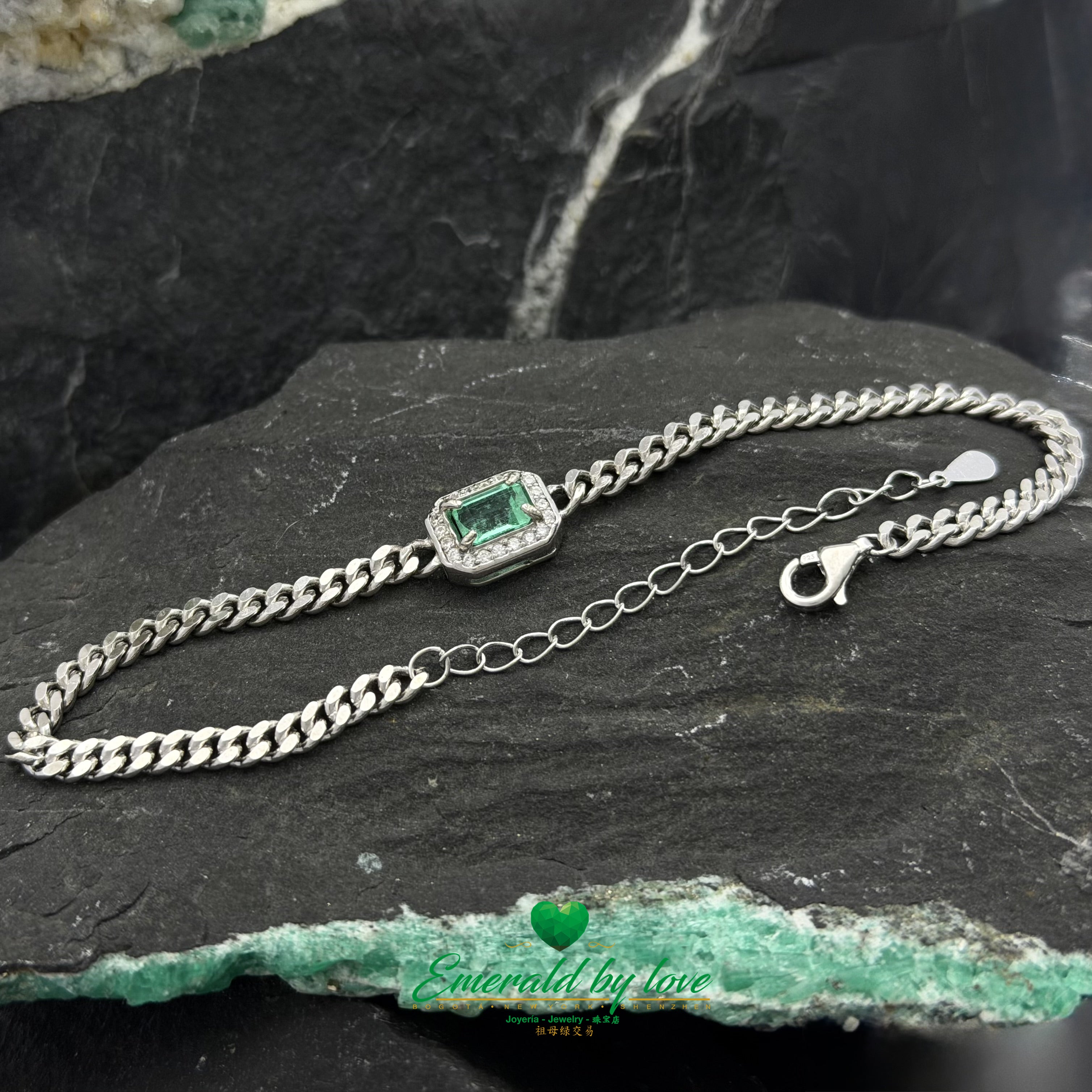Sterling Silver Bracelet with Baguette-Cut Crystal Emerald and Zircon Accents