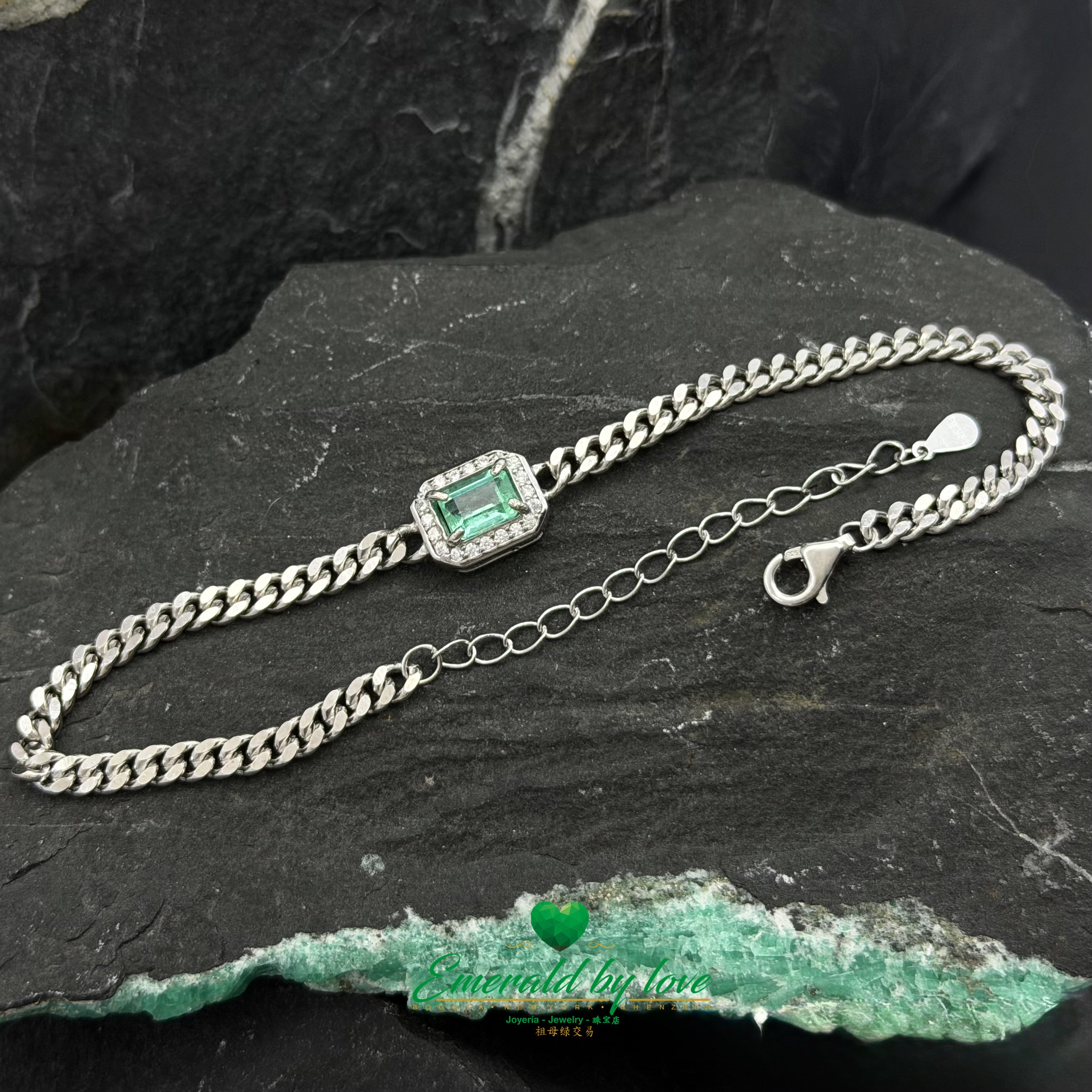 Sterling Silver Bracelet with Baguette-Cut Crystal Emerald and Zircon Accents