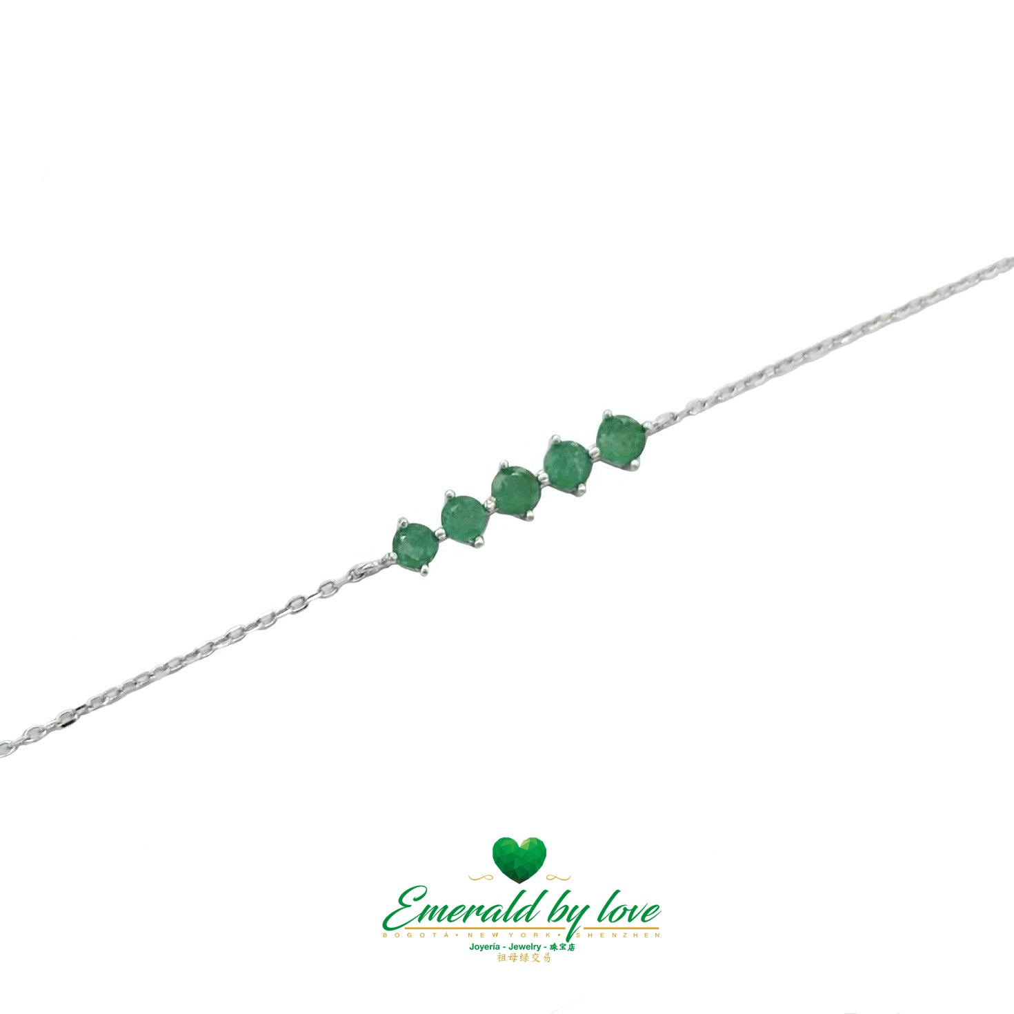 Bracelet en argent sterling avec cinq émeraudes centrales rondes aux teintes riches